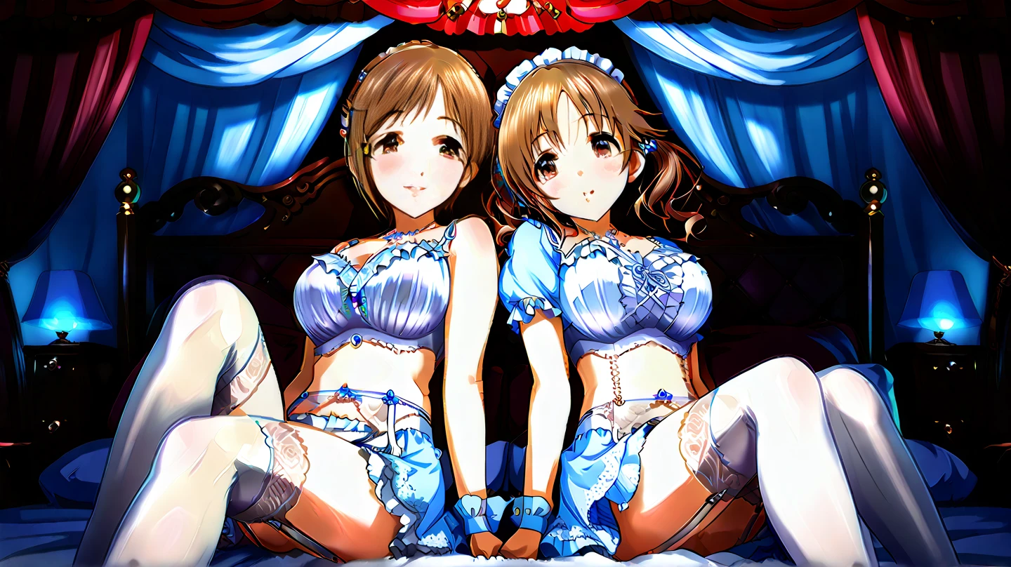 (2 young girls with long hair, Beautiful face and eyes and eyeliner,A delicate little face, pink eyes, Charming smile, (Maid cafe outfit with frilly, Sheer pleated mini skirt:1.5), Skirt turned inside out,(Transparent maid cafe costume with large open breasts and hollow:1.2), Sexy transparent underwear,Underwear exposed,Show belly button, Revealing sexy transparent white panties (very pretty girl), brown hair, Fashion hair accessories quality:1.4), (Extremely detailed),Pendants and earrings、 (Extremely detailed CG unified 8k wallpaper), Very detailed, High-resolution original color photos, Professional photography, Depth of Field, (Lying in bed)