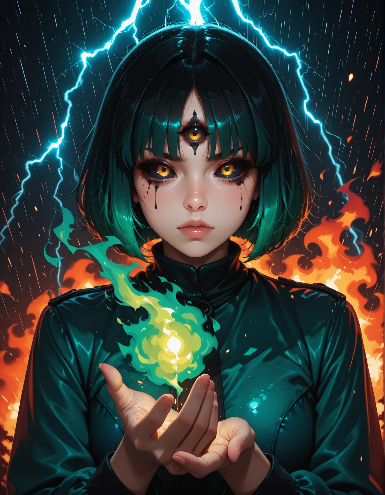 masterpiece,best quality, amazing quality, ((gobo lighting, shadows, dramatic lighting, drastic contrast)), absurdres, 1girl, solo, glowing third eye, burning night, lightning, raining flame, burning rain, bob cut, green undertone, black sclera, black sclera eyes, black tears, black obsidian skin, battle stance, green flame combustion on hand, massive green flame eldritch on palms, eldritch green hands, holding fire, dynamic pose, close up
