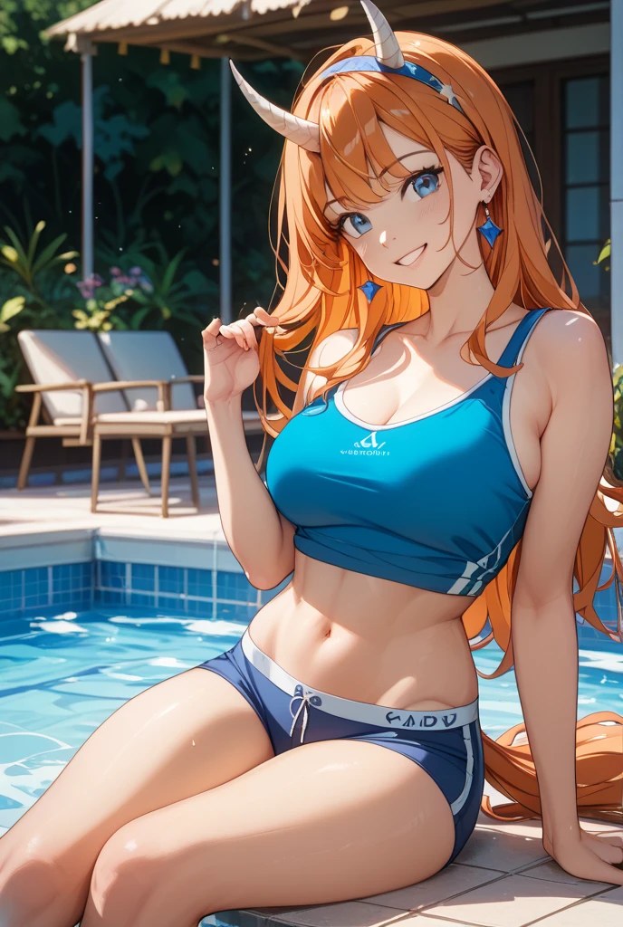 (8K, RAW photo, high quality, masterpiece: 1.2), High-definition RAW color photo, Professional photo shoot, natural light, alone, (((young woman, gal))), (Sharp features), (small face), (high detail skin: 1.2), clavicle, cute face, beautiful appearance, long eyelashes, (rainbow hair, blue eyes), ((have cleavage: 1.2)), (beautiful breasts:1.5), ((very detailed)), (thin:1.4), detailed eye, double eyelids, View with side eye, ((blonde, straight hair)), thin body, ((smile:1.2, Upper eye usage)), big breasts, normal hip joint, green-eyed, composition from above, (((:1.5, Seductive thighs))), staring eye, beautiful dark skin, shiny skin, perfect fingers, five fingers, anatomically correct, high quality, surreal, bright colors, ((very detailed, photo shoot)), 2Full portrait, very slender. Long, red hair. She has blue eyes, wearing a neon green sport bra and shorts,  sneakers, playground background, arms behind back 