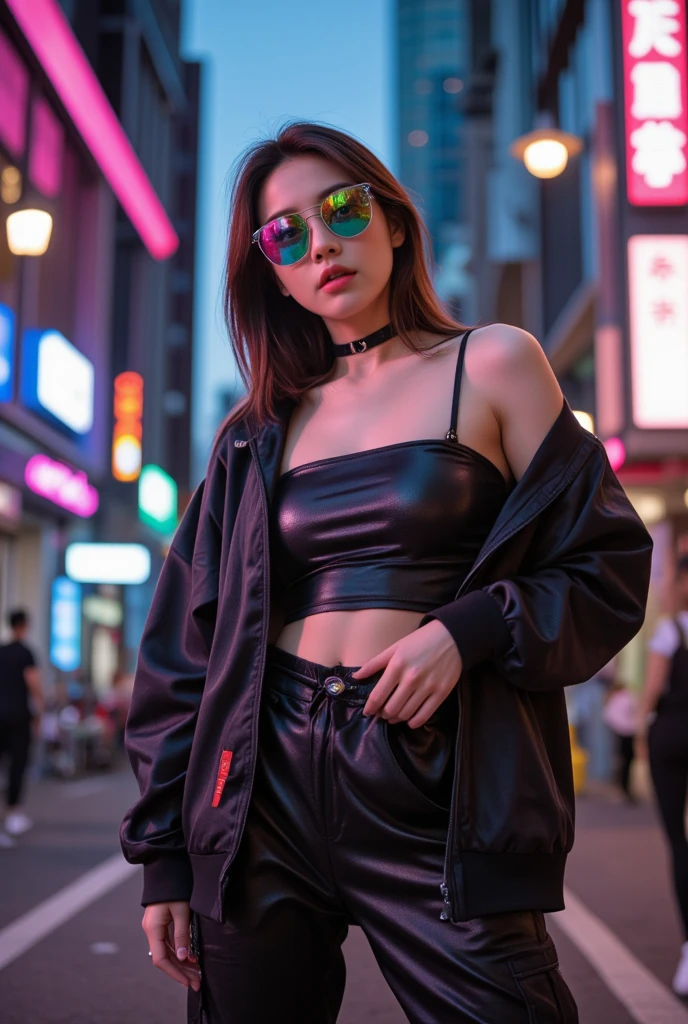 (Best quality, 8k, 32k, Masterpiece, UHD:1.2),top-quality、8K、​masterpiece. perfect Body Beauty girl、Slender Abs、Beautiful woman with slender abs、(Highlight Haircutreast B Cup), big breast, round shape breast, perfect shape breast, hyperdetailed face、25year old Pretty women, with neon in sharp geometric angles, strutting down a rain-slicked alleyway in a neon-lit cyberpunk city. Her outfit is a mix of high-tech and streetwise, with metallic accents glinting against the wet pavement. She wears a pair of sleek, mirrored sunglasses that reflect the pulsating neon signs and holographic advertisements around her. Her face is a canvas of bold makeup, with sharp eyeliner wings and glittering eyeshadow that catches the city's glow. She exudes an aura of both danger and allure, her every step radiating confidence and power. In her hand, she clutches a glowing plasma pistol, its energy crackling ominously. The air is thick with the hum of machinery and the distant thrum of bass from a nearby club. This is a woman who owns the night, and she's not afraid to show it.