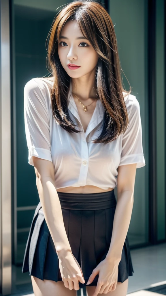 (((best quality))),(((ultra detailed))),(((masterpiece))),illustration,((1 beautiful girl,solo)),((short half ponytail,short hair)),(fair skin:1.3),(detailed eyes:1.3),(smile:1.3),((slim,thin)),((small breasts,flat chest)), (white collared sleeved shirt:1.3), (micro denim shorts:1.2),(slender legs:1.2),(standing:1.3),((vibrant colors, soft glow)), (active and healthy lifestyle,youthful charm),((on the street,cyberpunk city, towering skyscrapers)),(warm sunset glow:1.3),(detailed background:1.3),((vivid neon signs, holographic advertisements, electric atmosphere)),(outdoor:1.3),((summer,dusk scene)),((from front,upper body))