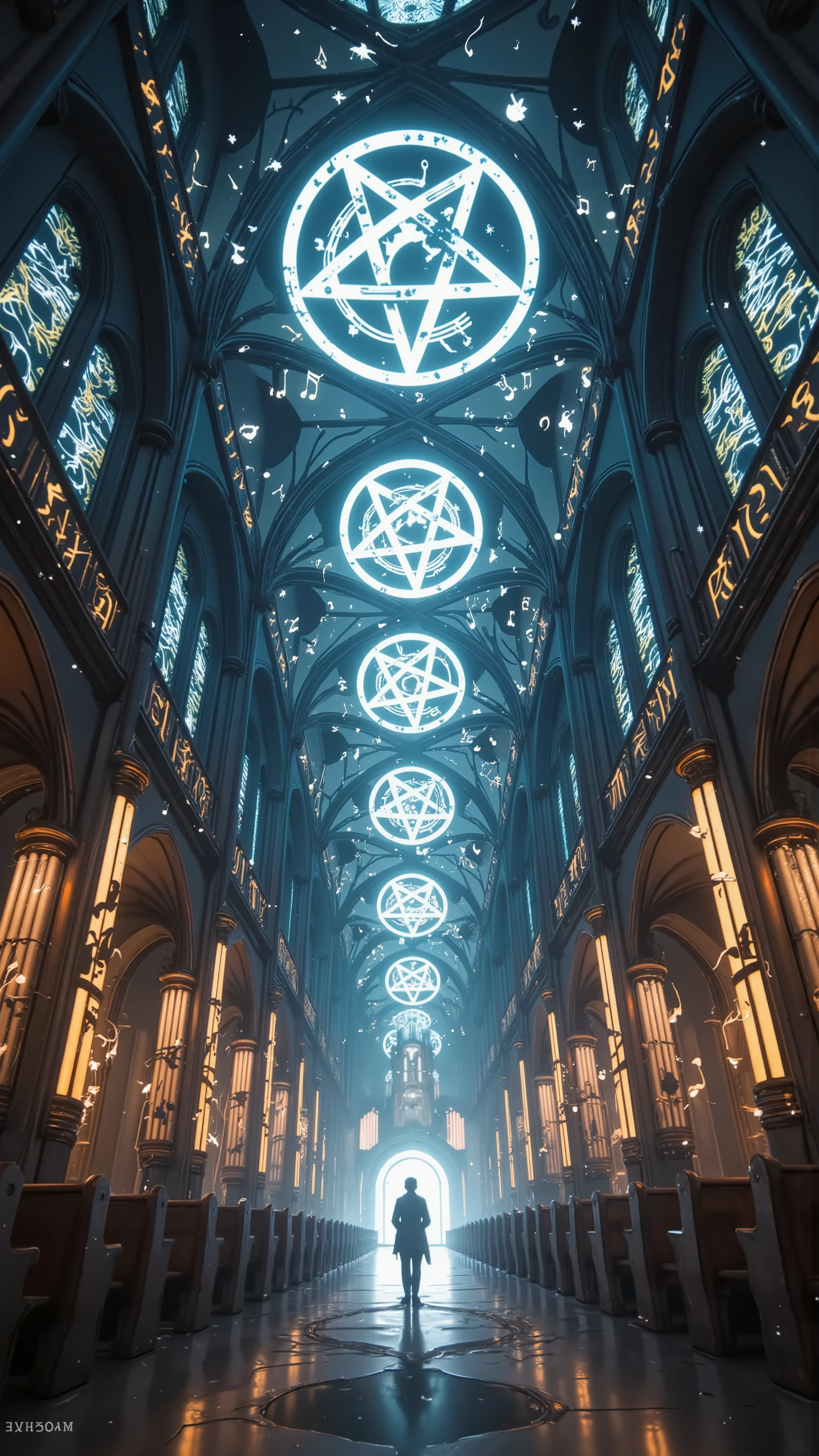 An ethereal cathedral in the city center, built entirely with intertwined pentagrams, perfectly drawn luminous musical notes that stand out on the walls, translucent organ pipes that emit a soft light. Moonlight enters through fermata-shaped windows, creating poetic beams of light permeated by shadows of perfectly drawn musical notes as they travel, illuminating the interior. An atmosphere of wonder, tranquility and sound magic. Style: fantasy architecture, detailed surrealism, masterpiece cinematic lighting
