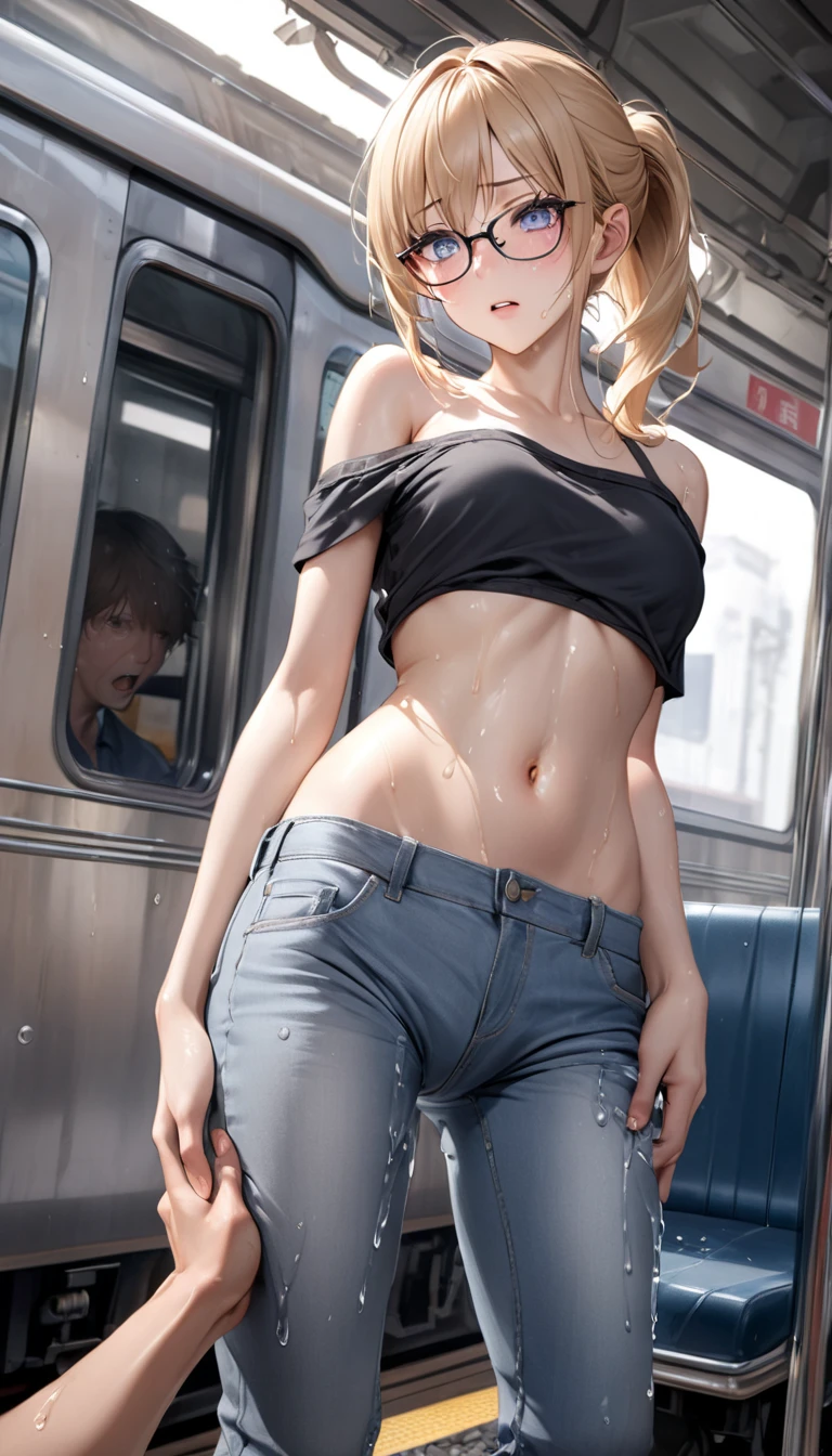 ((A very cute woman gets Full naked in a crowded train.)).((wearing a white silk plunging open shirt: 1.5.)). 40k, photography, masterpiece, best quality, dark grey background, ((1girl blue eyes and gorgeous light blonde hair, she wears glasses on her beautiful face, )). a beautiful Russian woman with big ass full soft breasts and white skin, varied poses.((Natural breasts :1.4)),((very soft breasts)), Ultra-detailed face, Detailed eyes. in a crowded train station. (lick popsicles). (((she is wet))).