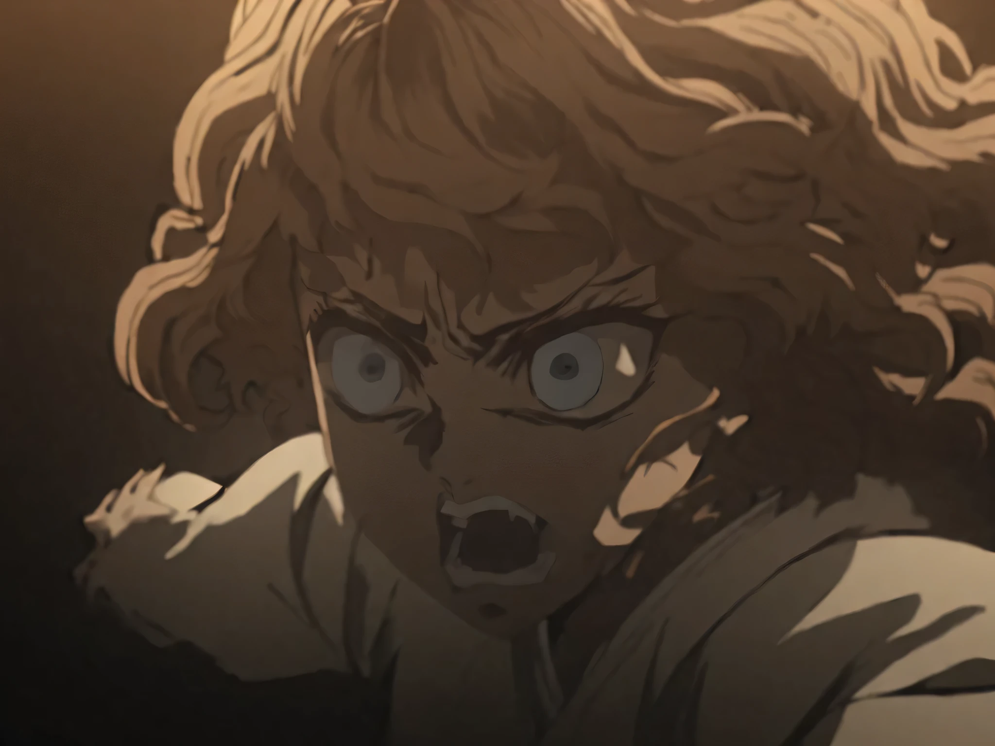 1 girl, solo, light brown hair, short wavy hair, no bangs, dark blue eyes, white clothes, Demon Slayer anime style, fights a demon, powerful, epic moment, rage, side view