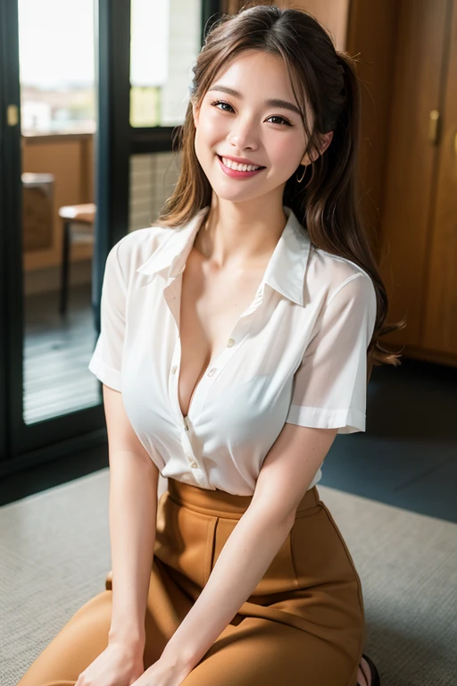 (Best Quality, masutepiece, Ultra HD: 1.3, High brightness, High color saturation), 1girl in, （middlebreasts）, light brown hair, Asymmetrical hair, straight haired, Long hair, （ slender body shape, Constricted waist）, （Ultra Fine Face）, Delicate lips, （beautidful eyes）, thin blush, eyes are brown, perfect glossy skin, View here, Smiling smile, （ hide one's hands）, （Sitting on a bench）, （thin and long legs, Thighs and toes:1.5), See-through white blouse, Tight skirt, （White pumps）, (a japanese girl, hposing Gravure Idol), Broad-leaved forest, 135 mm, Fuji Film