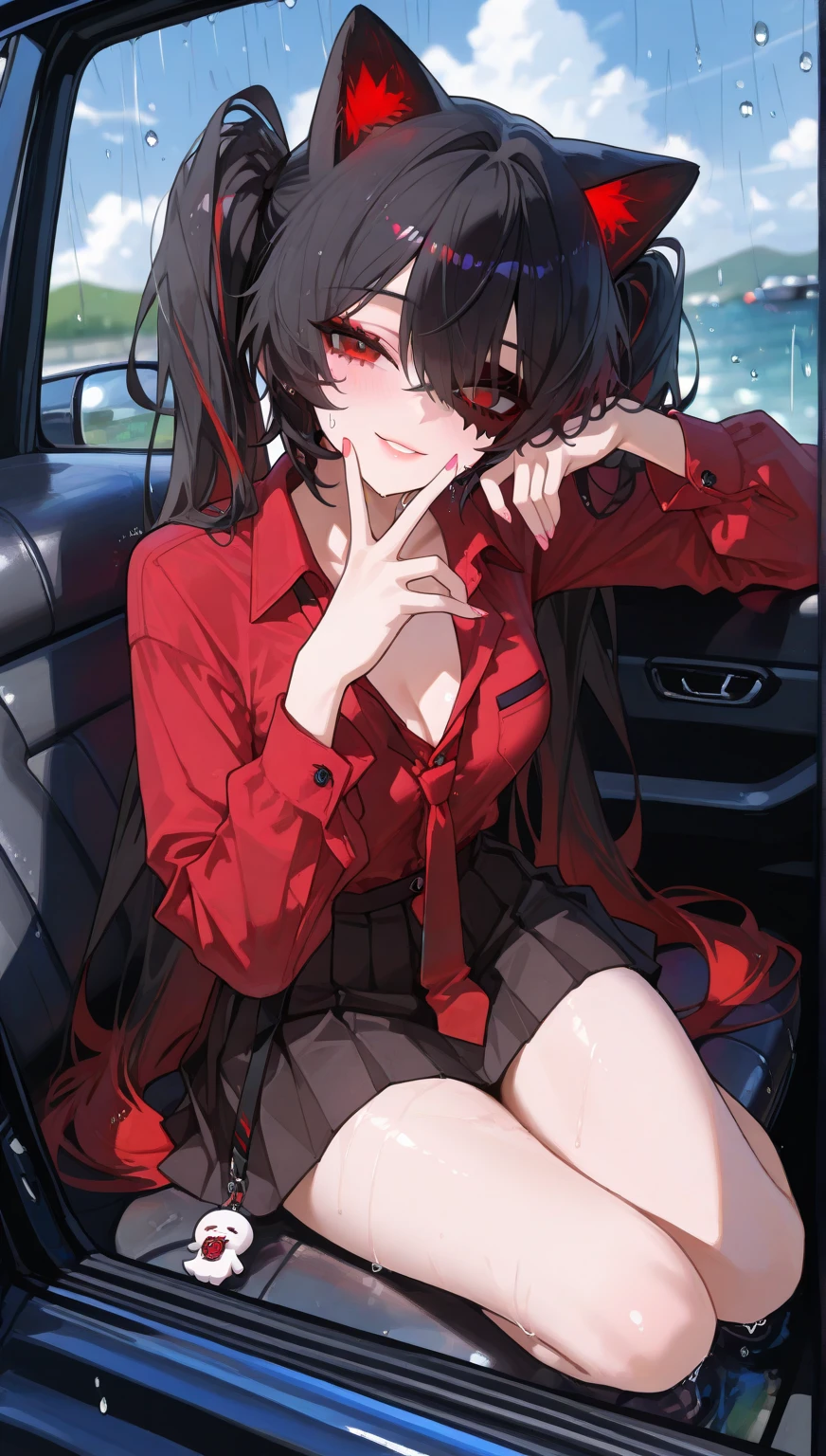 (Best quality), [Masterpiece], (tohsaka-rin), Sexy pose, breast enhancement, Nudity, Red sweater and black skirt, black thigh highs, Black double tail, Blue eyes, In the car，Sit in a chair