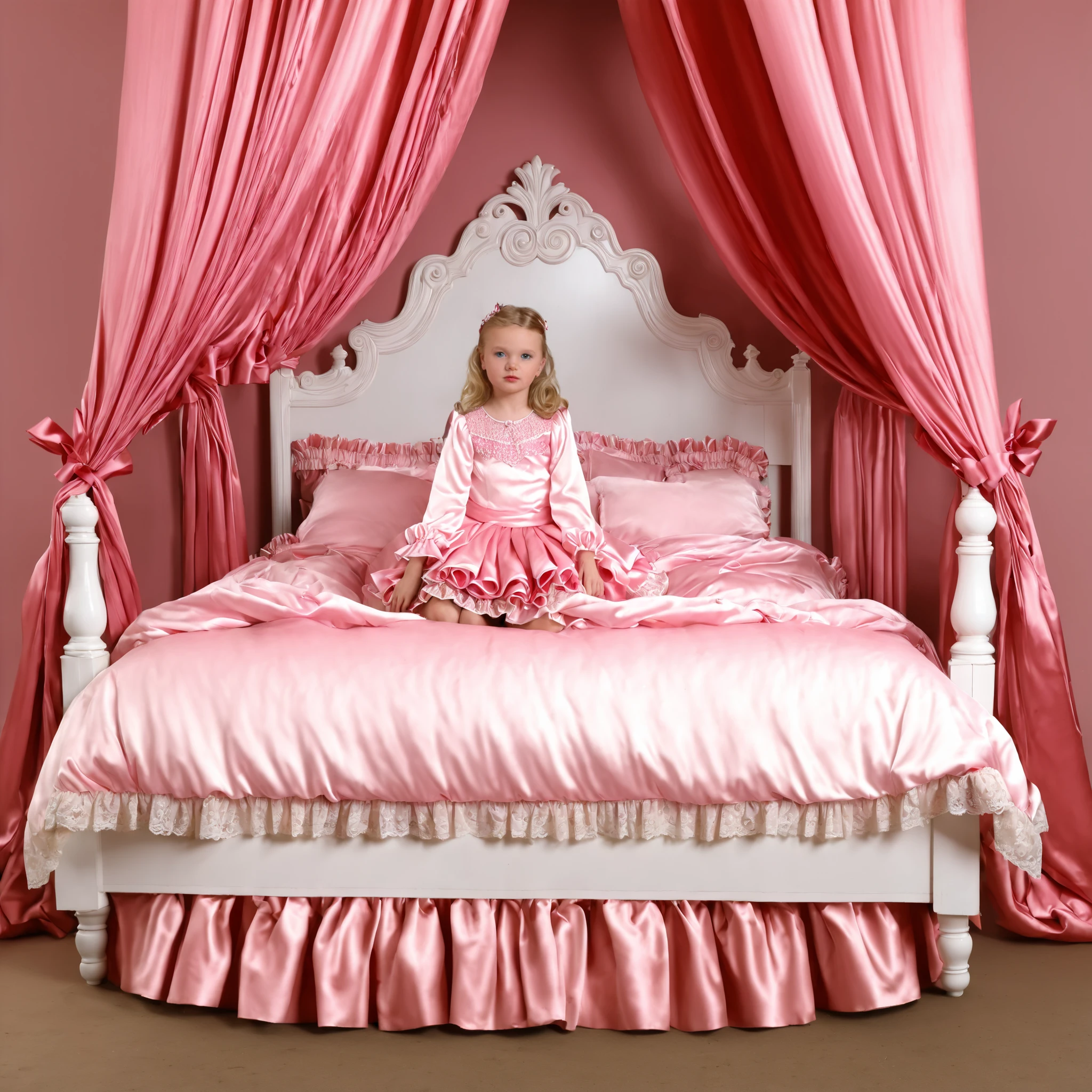 ((A cute girl on the bed:1.0)),((early age girl)),short body height,detailed baby face,small face,a pink silk satin frilled blouse and skirt,medium dress,detailed ribbons,detailed lace petticoat,long sleeves,frilled sleeves,, blue eyes, rolled long blond hear, a bed with a mountain of pink silk satin pillows,pink cute canopy bed,king size bed,more big bed,lot of pink silk satin frilled plump qulited pillows,more pillows, ((A plump qulited pink silk satin soft devet)),devet decorated ribbons, ruffles lace silk.retro white pipe bed frame, realistic,((Out of frame bigger king size bed:1.4)),frilled silk satin curtains,