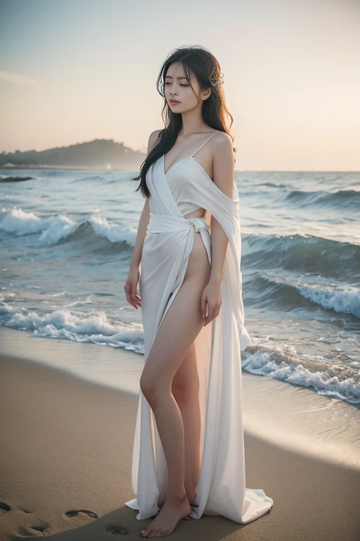 Onoff, Kerala woman in white saree, RAW photo, cute girl long shot portrait photo, smiling, saree, (desire), slim body, (sea background), (high detail skin: 1.2), 8k UHD, DSLR, soft lighting, high quality, film grain, fujifilm XT3