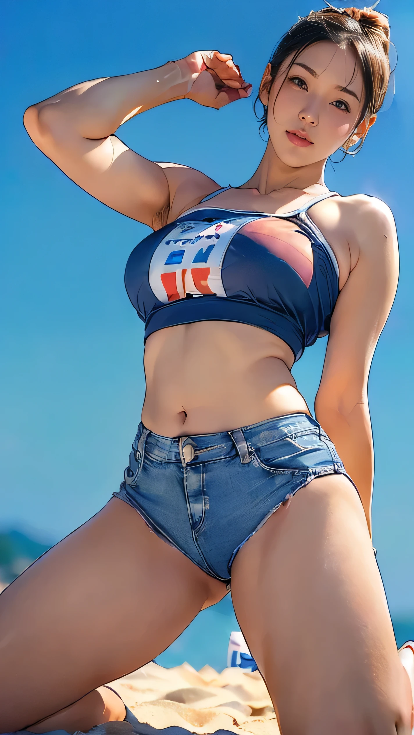 (white girl:1.4),(short crop top:1.4),(beautiful body:1.2),(big underboob:1.5) ,(smile:1.2),(bangs:1.3) ,(sunny day and cloud :1.5),(abs:1.2),(big hip:1.3),(muscle body:1.1)