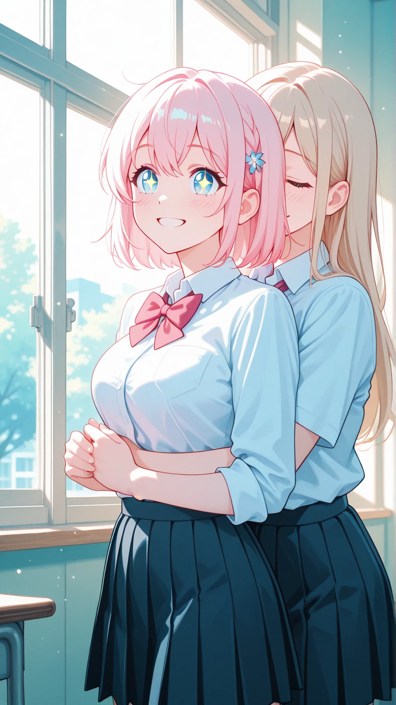 masterpiece, Highest quality, so beautiful, Absurd,High resolution,One girl, One boy,Cuddling in bed, like,sexy,Look at each one, blush,Age difference,bow tie,Blonde,chest,Long Hair,Pink Hair,pleated skirt,Tucked in shirt,short hair,skirt,smile,Tent shirt