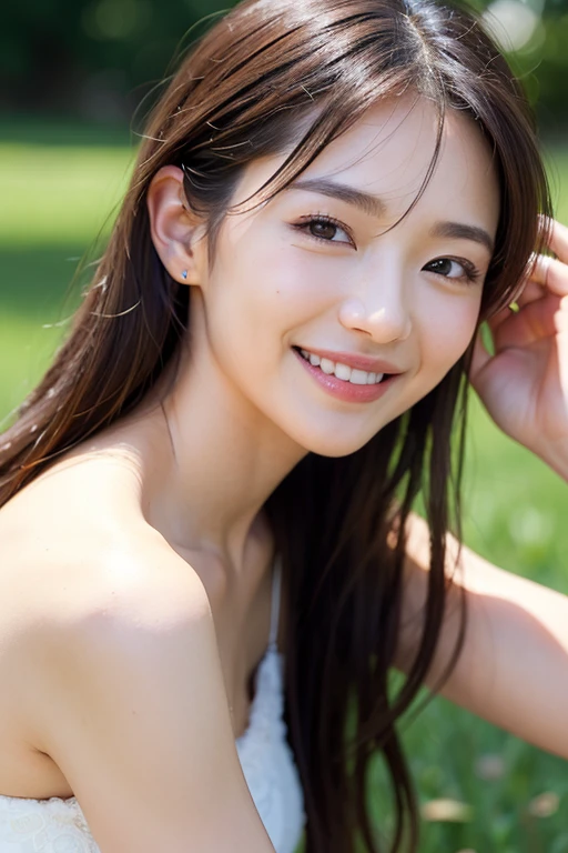 masterpiece、Highest quality, Ultra-high resolution、8k,photograph、1 girl, (Skin dents), Large Breasts:1.8), bright, Blurred Background, (Asymmetrical bangs, Please comb your hair、very long wavy hair:1.5), (Floating Hair:1.0)、(Loose fitting blouse)、(Loose chest)、(Sunburn marks on chest)、(Deep cleavage)、(soft, drooping udder)、Heterochromia iridis、The best smile that makes people happy、grassland、Spring Sky、Soft sunlight