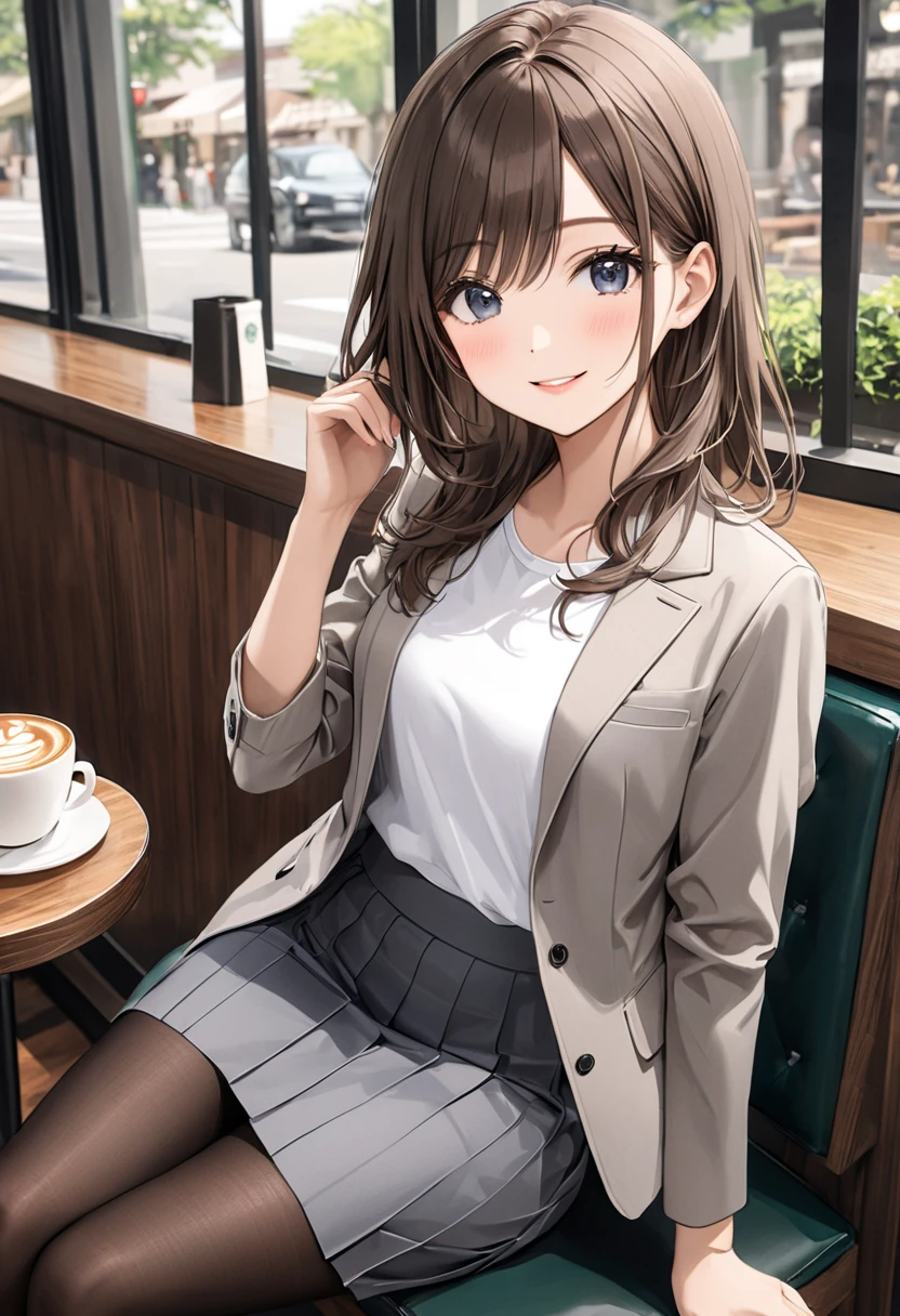 (masterpiece:1.3, top-quality), (realistic, photorealistic:1.4), beautiful illustration, (natural side lighting, movie lighting), 
looking down, full body, from below, 1 girl, japanese, high school girl, perfect face, (perfect anatomy), cute and symmetrical face, shiny skin, 
(long hair, ponytail, brown hair, pink hair ribbon), hair between eyes, brown eyes, long eye lasher, (large breasts: 0.8), 
beautiful hair, beautiful face, beautiful detailed eyes, beautiful clavicle, beautiful body, beautiful chest, beautiful thigh, beautiful legs, beautiful fingers, 
((insanely detailed clothes, white collared shirt, skirt)), 
(beautiful scenery), depth of field, detailed background, evening, (office room), indoor, view of buildings, desks, sitting on chair, (smile), 