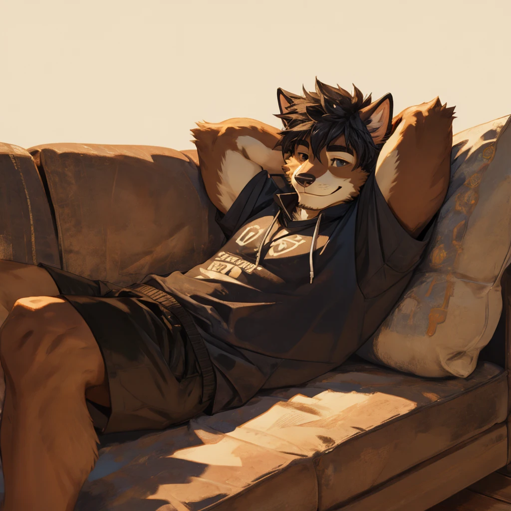 ((best quality)), ((masterpiece)), (Ultra detailed), ((4k)) , Solo , Anthro Wolf , Light Blue Fur , Black Short Hair , Short Beard , Handsone , Middle Ages , Big Pecs chest , Playing Game , Headphone , Bedroom , Sit In Bed , Sweatshirt , Jean pants , Small Smile