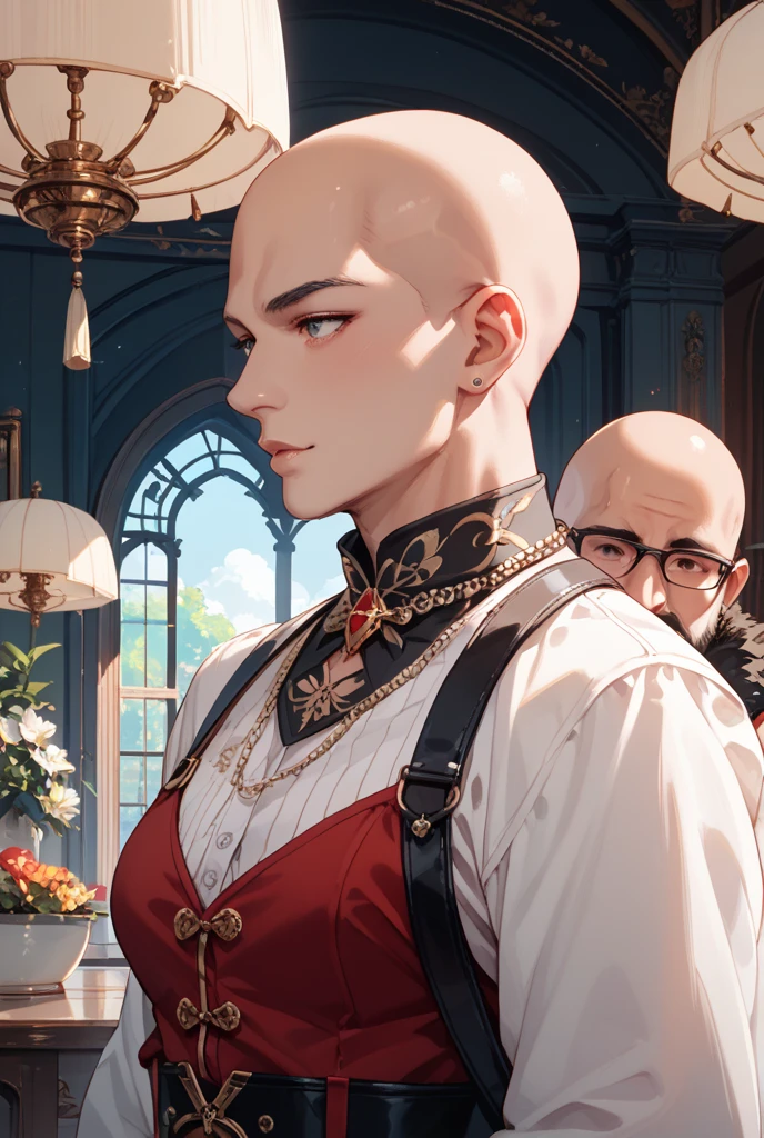 Couple bald man with muscular goatee in glasses and brunette sheath woman with short curly hair and glasses married in a card with two black tastes