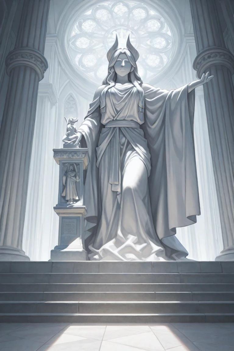 A magnificent and elegant hall, ancient scripture and language on wall, statues ,glowing orb at center