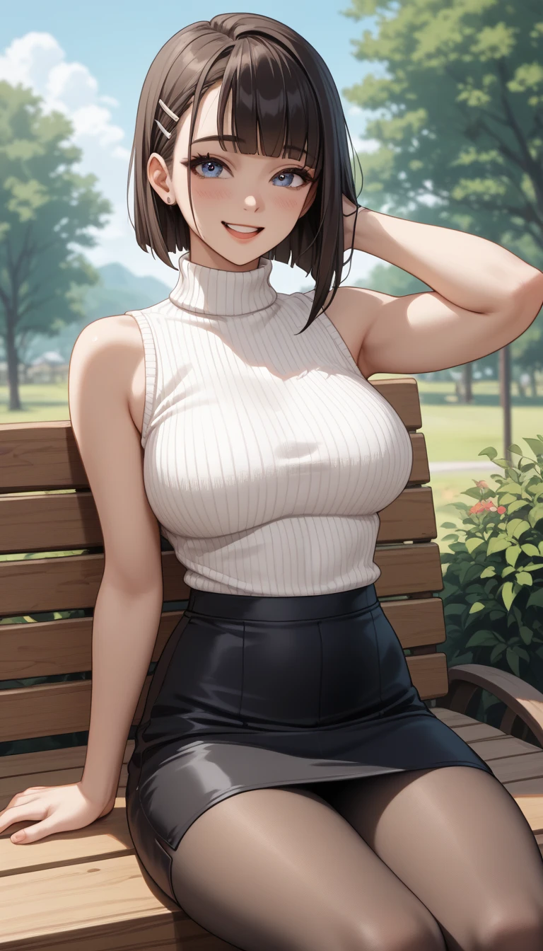 masterpiece, Front view, Cute Japanese aristocratic woman, (輝くBrown Hair, Straight Long Hair), ((Ivory tight T-shirt, mini skirt)), Very cute face, Glossy Lips, Double eyelids on both eyes, Natural Makeup, Brown Hair, Asymmetrical bangs, High resolution, Attention to detail, Detailed hairstyle, Detailed face, Octane Rendering, Ultra-realistic, Perfect limbs, ((Black choker)), blue eyes, (Big Breasts), ((Slim body:1.5)), Cool Beauty, ((Slim face)), smile, Mature Woman, Browsing Caution:-1.2, Long, Bushy Eyelashes, Cleavage, ((Rural outskirts)),