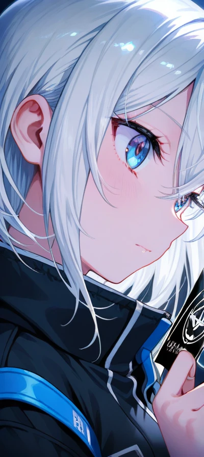 Girl, White hair, Blue eyes, Black urban jacket, in her held hold a blank card. 