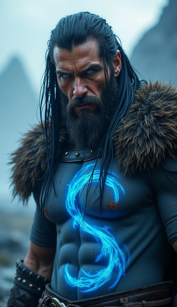 close up photo of Man Warrior with (icicle in hand:1.2) (in hand:1.2), struggling to remain relevant in age-old battles, with tears in his eyes, screaming, (fur:1.2), (hairy man:1.2), realistic action photo, (((hdr))), hyperdetailed, cinematic, cool lights, intricate details, muscle, perspective view, UHD, 64k, unreal, glowing blue tattoos, ice powers, GLOWING TATTOOS,IN CITY, DARK ALLEY, CITY AESTETHIC