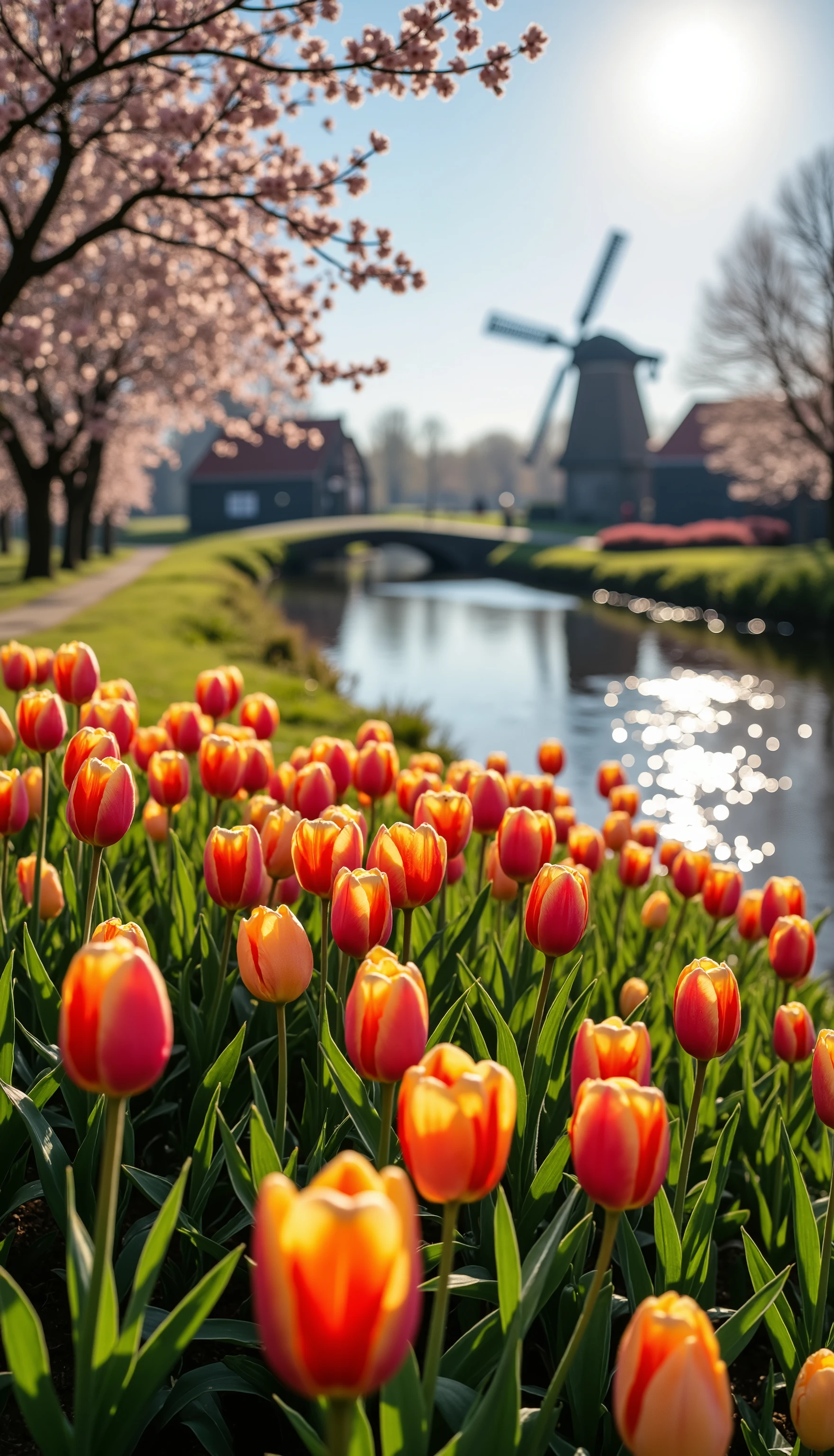 blossoming tulips on a sunny spring morning; in the background an old mill, old Dutch houses and an old brick church; blossoming cherry trees, lente aan de Noordzee, some rays of sunshine shining on the water, blurred background, bokeh, fotografie
