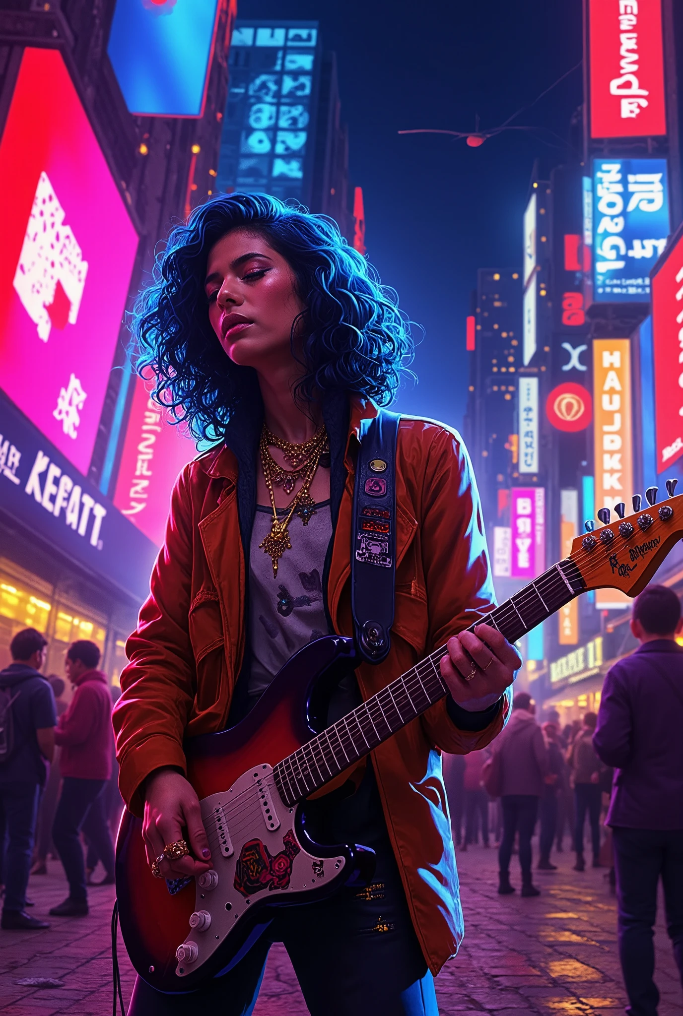 ((( City of Music Homage to Guitarists from Around the World, Guitarist from the United States , bold with a subtle touch with reference to the 80s and 70s details on the clothing referring to that era , Yamaha guitar with bold details and specific design for this guitarist who represents the United States of America , details of the city filled with personalized loudspeakers in neon red and blue)))