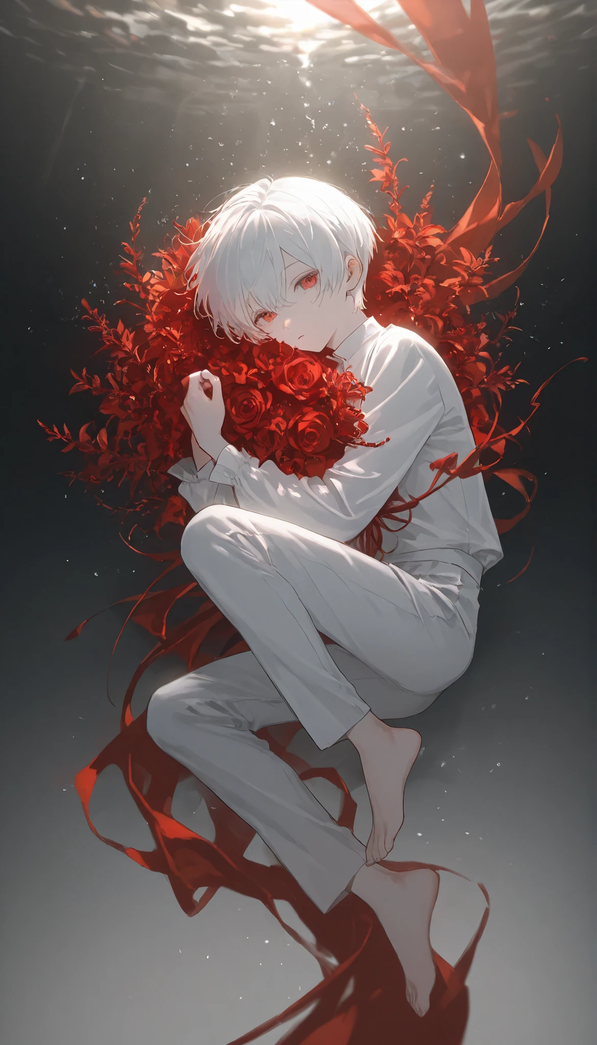 (1 boy with white hair short cut:1.4),full body、Red flowers lie in many coffins、 white shirt、moonlight