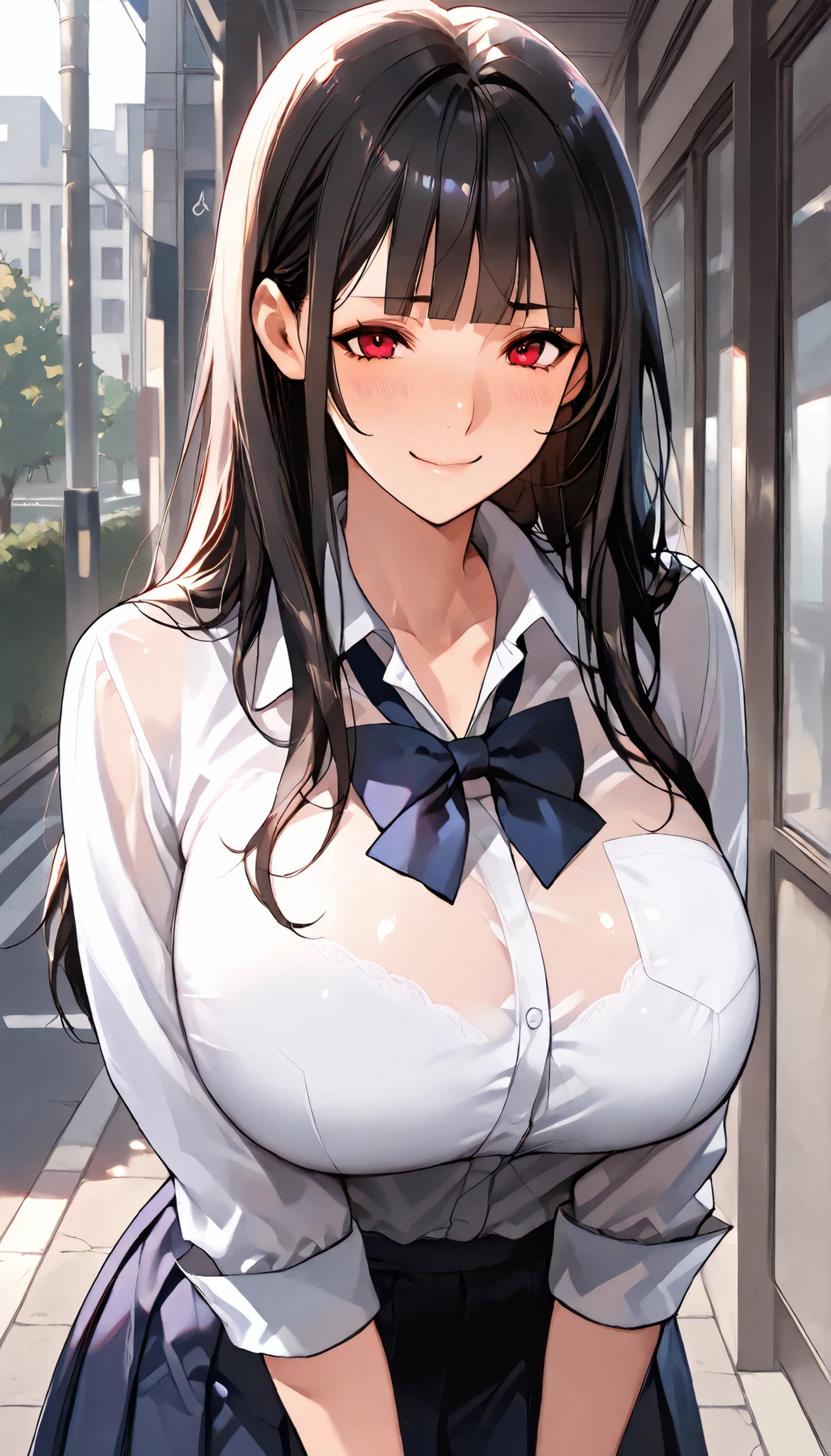 Modern Backgrounds,A female with slim body(older girl),red eyes,huge oppai,shiny skin,(Wearing A loose JK skirt),(Loose school uniform)(See-through),Flip her hair,On the street in The school,(Black long hair, straight hair, blunt bangs), Chest compression,light smile,slightly tilted forward,UHD, SOLO, anatomically correct, masterpiece, textured skin, high details, highres, 1080P, 16k, accurate, Beautiful face, Beautiful Nose, Perfect face, Highly detailed beautiful face and eyes, Attractive face, Detailed face, Delicate facial features, Detailed skin,Cowboy shot
