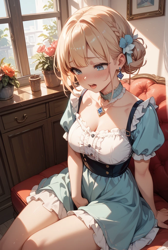 (Best quality, 8k, 32k, Masterpiece, UHD,:1.2),RAW, human, 1girl,ultra cute , ultra cute, natural lighting, transparent shining eyes, 20yo, medium breast ,femur, fair complexion , flushed face, ,Homemade Country Dress,long-sleeved dress in muted colors, Handmade apron for practicality and style, sturdy fabrics like cotton, Happily Smiling, ((wariza)), on sofa, emerald green, From the front and above, Closeup shot, Cleavage Cutout, blonde ponytail, arms between legs, emphasizing the Cleavage, breast shot