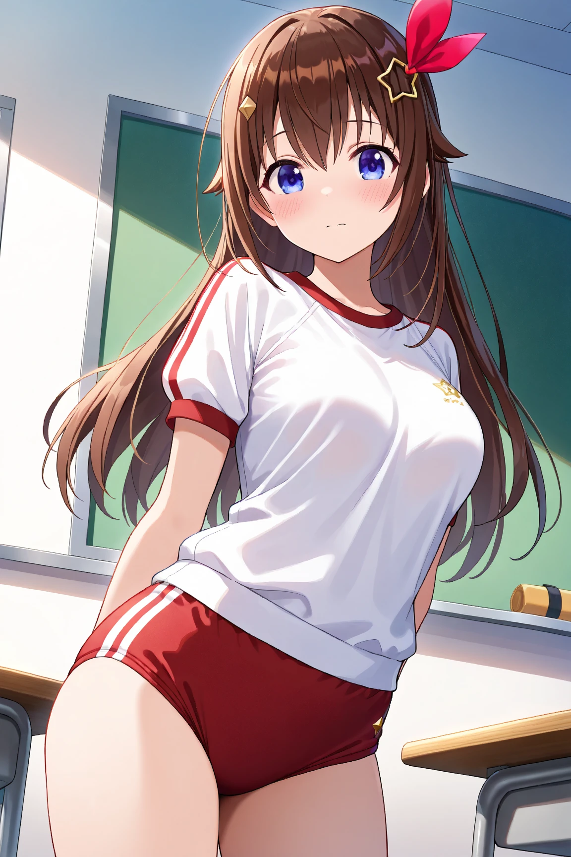 (((1girl))), ((best quality)), ((masterpiece)), ((ultra-detailed)), (illustration), (detailed light), (an extremely delicate and beautiful), (beautiful detailed eyes), (sunlight), ((extremely light)), ((extremely clothes)), (((hyper detail)))
(((gym uniform))),
,
wavy long hair, ((((dark brown hair)))), ((long hair)),
(((deep orange eyes))),
(((whole body))), aged 13 to 16,
(((condescending expression))), (mischievous smile with sexual satisfaction), (((extra adorable))), (((extra slender shape))), ((smile)),
(((extremely beautiful detailed face))),
(((squatting in the school gym))), (((((Dutch angle))))),
((())), (((from below))),
(((extremely thin thighs))), (((white socks)))