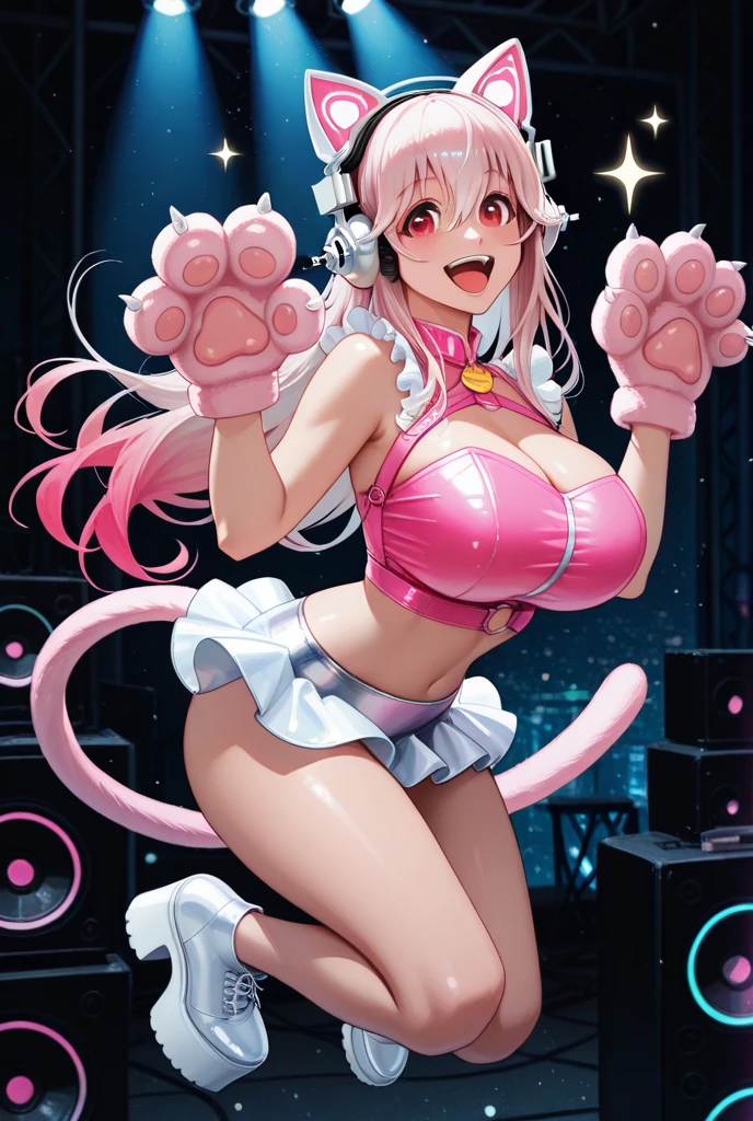 Happy woman, with wolf ears and pink hair, holding her cheeks, wolf tail, wearing a latex dress, looking at veiwer, full body, you can see her chest, naked breasts