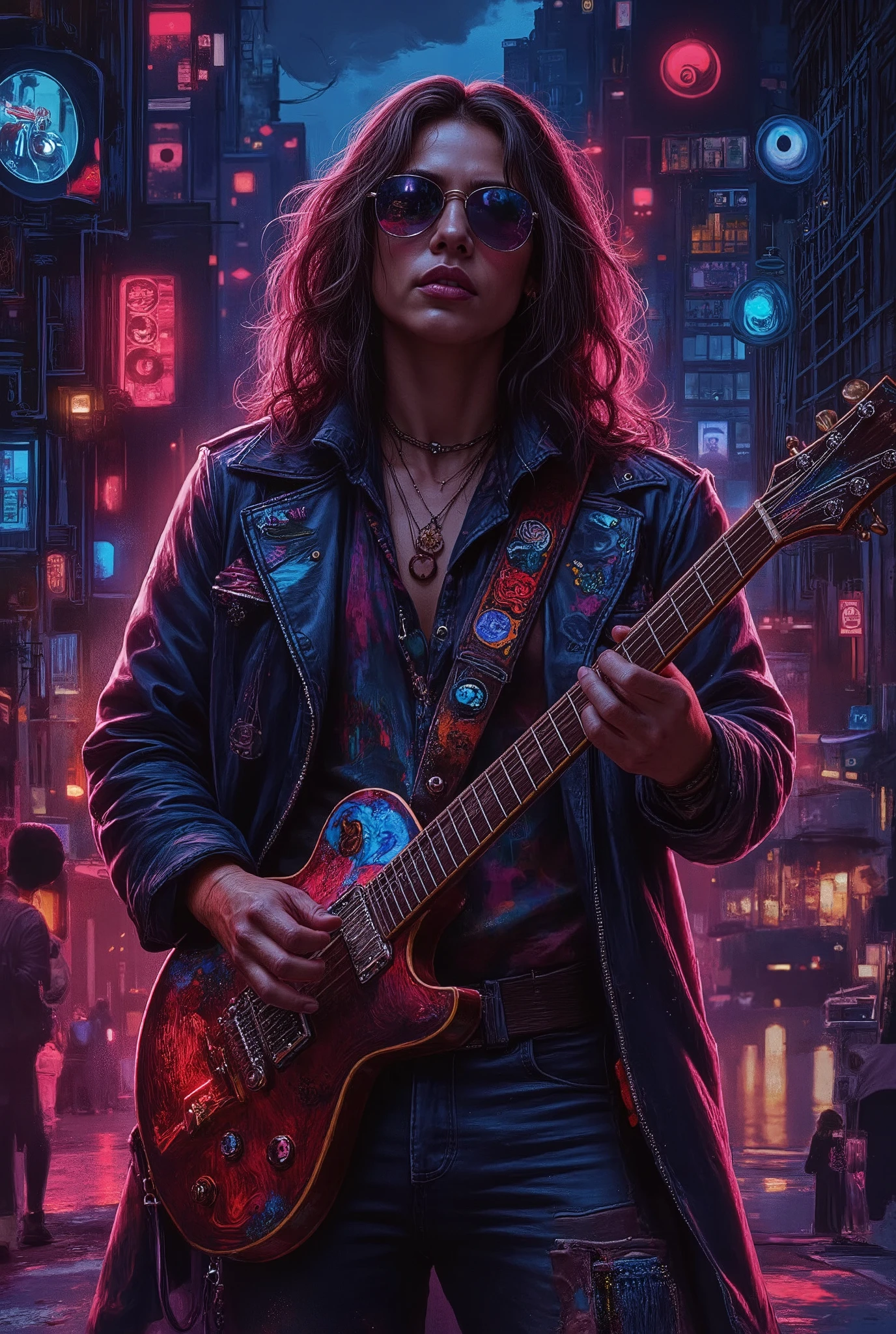 ( City of Music Homage to Guitarists from Around the World, Guitarist from the United States , bold with a subtle touch with reference to the 80s and 70s details on the clothing referring to that era , Yamaha guitar with bold details and design specific to this guitarist who represents the United States of America , details of the city filled with personalized loudspeakers in neon red and blue)))