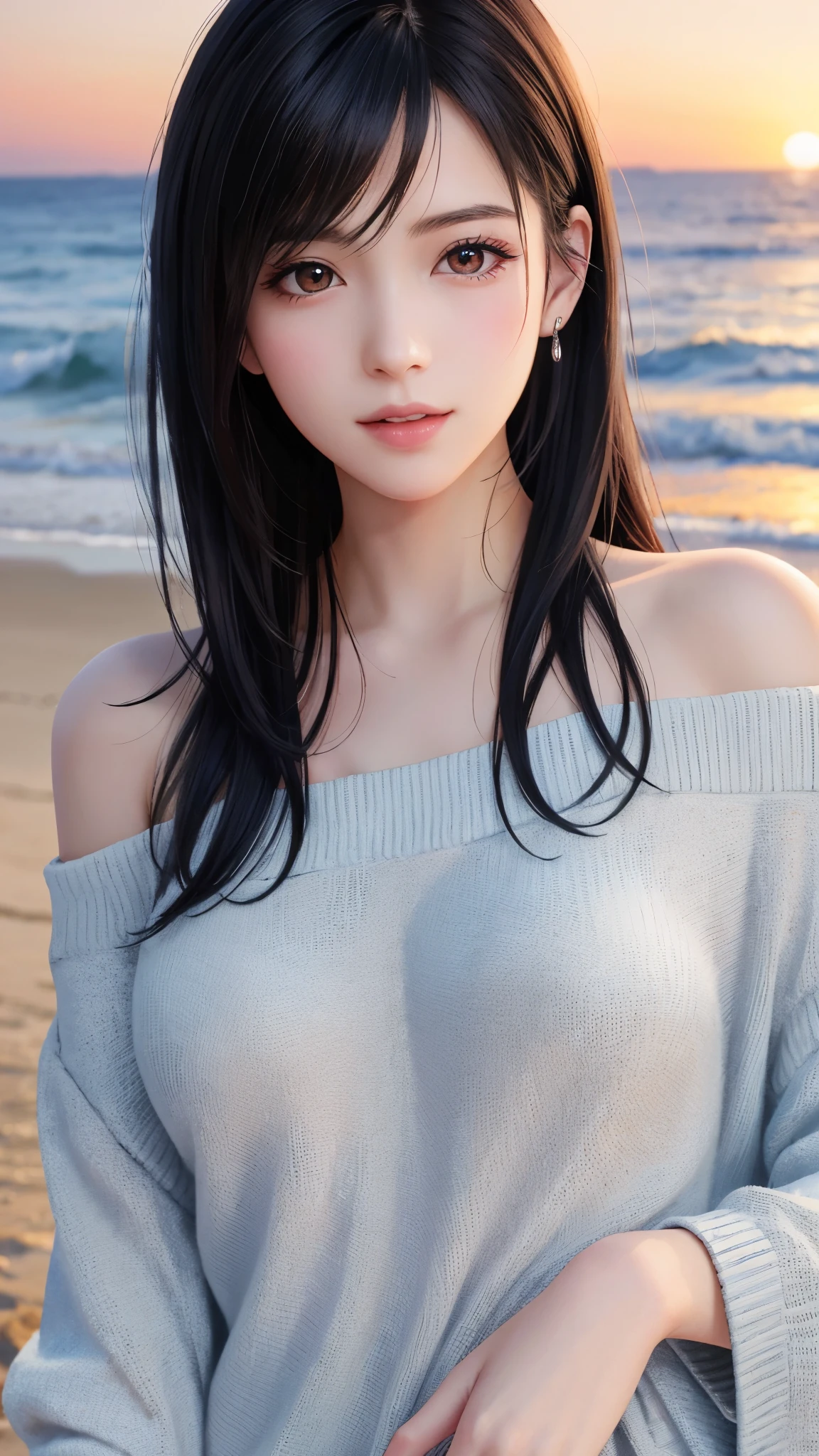 Photorealistic, 8k, Top Quality, Ultra High Resolution, masterpiece, Realism Fusion, nsfw, 1girl, raven black hair, long hair, permed hair, medium breasts, Toned body, oil, blush, sitting, long maxi-skirt, water,
