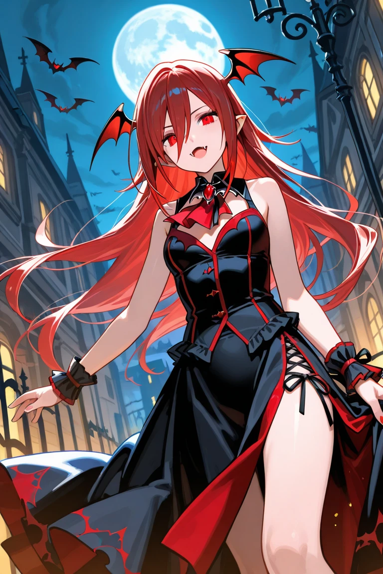 a beautiful succubus, gotik, beautiful vampire queen, beautiful elegant demon queen,huge tit 、red hairs、a miniskirt、cloaks、Spooky castle