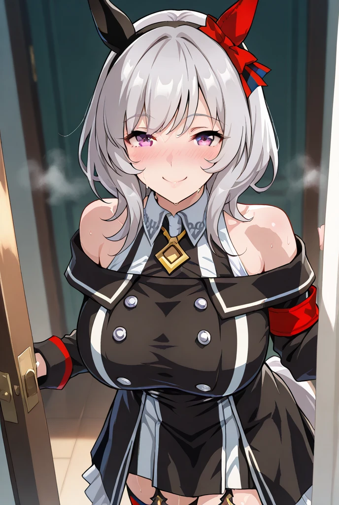 (8k、Best image quality、Highest quality、masterpiece)、Detailed face、One person、Silver Hair、Bob cut and braids、Black inner hair、Red eyes、Earrings、Black German military uniform、Long sleeve、((Removed buttons))、Facing the camera、midnight、((Removed buttons))、Right hand sword、Calm face