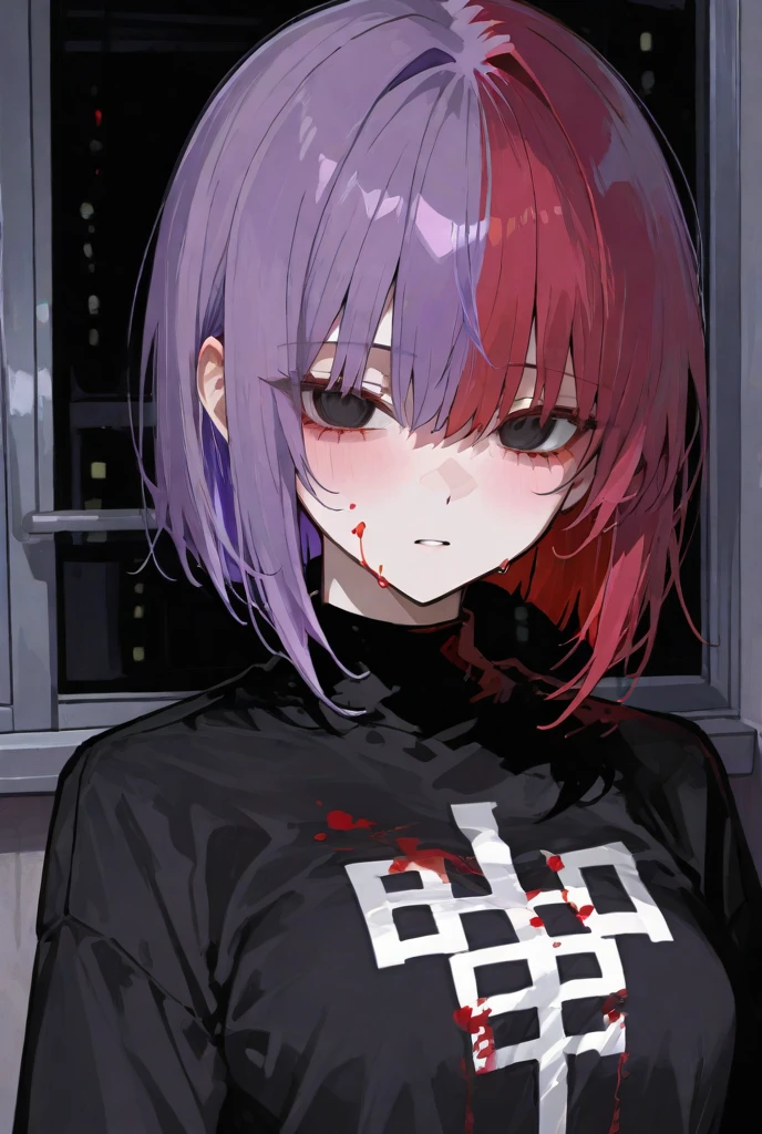 [(RED BACKGROUND:1.5),::5], ((((masterpiece)))), high quality, ultra very high resolution, full color, (((solo))), ((girl)), Purple hair, (Black eyes), anime, ((upper body)), neon light, black parka, YANDERE, (Bloody effect:1.5)