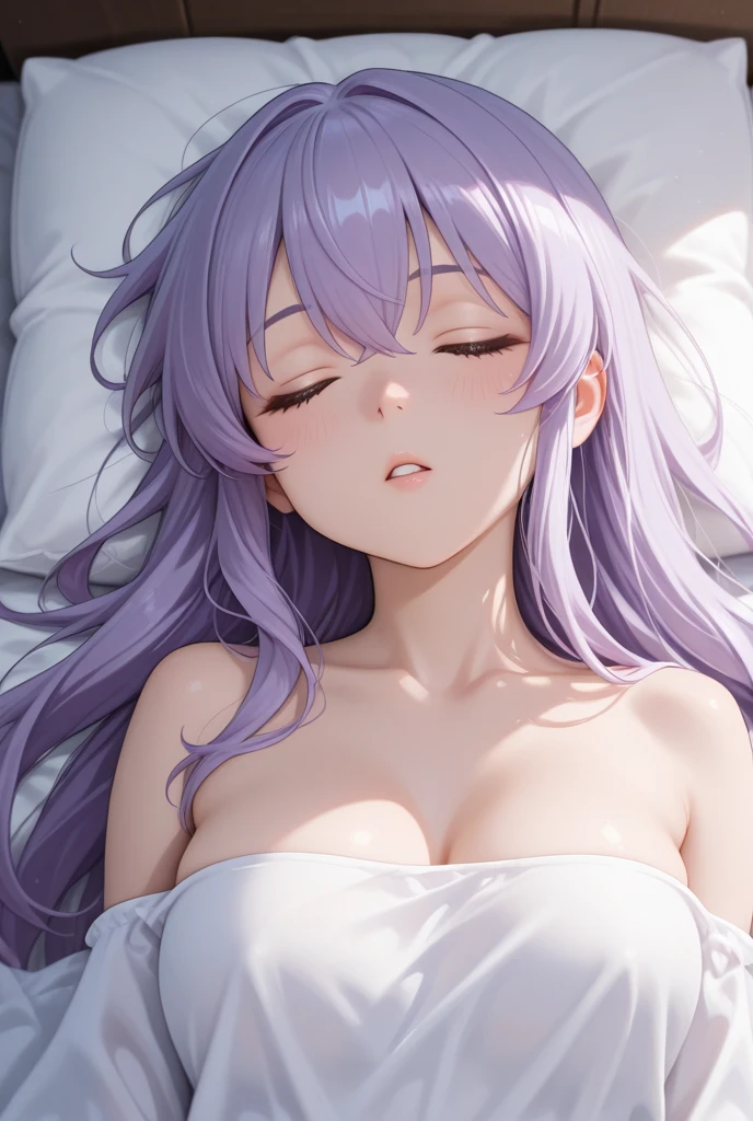 ((masterpiece)), ((highest quality)), (Super detailed), ((cute)), cute, (Lovely), ((sexy)), (device), ((very detailed)), 4k, (8K), highest quality, (beautiful),1 girl,99 dialects々, Blue-violet hair、short hair、twin tails、purple eyes(heart shaped eyes) 、white flower hair ornament、full nude、sexy、thin、bedroom background、big breasts、blush、A face in heat、courtship actions、beautiful胸、I can see the whole body、lying on one's back