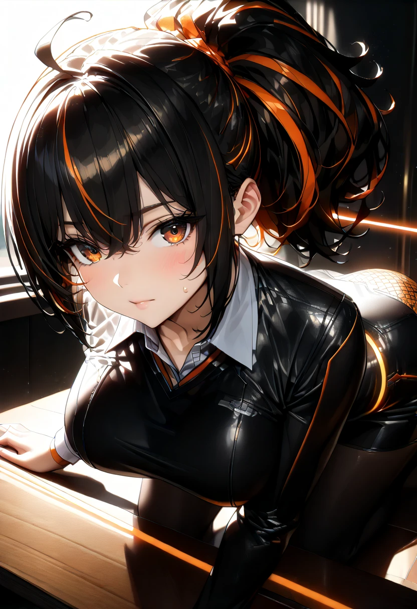 professional artwork, Intricate Details, field of view, sharp focus, detailed painting, photorealistic lighting, trending on pixiv,(masterpiece:1.0),(best_quality:1.0), ultra high res, ultra-detailed, photography, 8K, HDR, highres, absurdres:1.2, Kodak portra 400, film grain, sharp focus, bokeh:1.2, lens flare, (vibrant_color:1.2), (((indoors, classroom details))), Annerose, 1girl, female mature, ((long hair, only black hair:1.4)), (yellow eyes), large breasts, ((bodysuit)), soft skin, hair intakes, (solo:1.4), (upper body, half body shot), shiny clothes, add_detail:1, smiling happy, perfect mouth, perfect teeth, perfect fingers, leaning to table