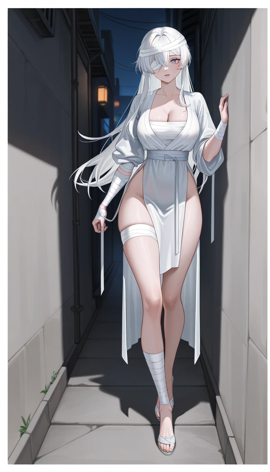 POV, (((Masterpiece, Excellent)), Full Body, 1girl, solo,Long Hair, Gray Hair, *//*, Blue Eyes, *//*, Big Breasts, Exposed, Long White Legs, Nudity, Exposed, Erotic