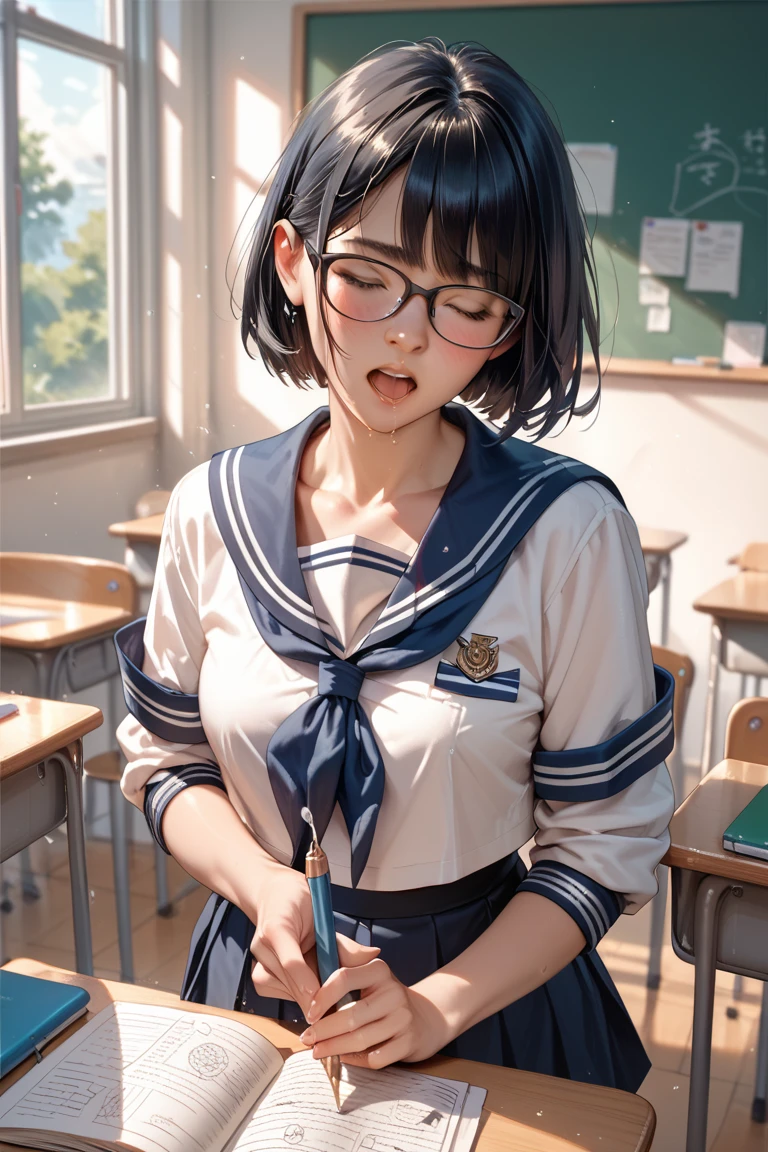((((Sexually seducing junior high school girls))))、((((12-year-old girl))))、(((Small breasts with bulging bulge)))、(((A small amount of pubic hair starting to grow)))、((Close up on breasts and pussy))、((Highest quality)), ((masterpiece)), (detailed),Japanese、Erotic、、Black Hair、Japanese Classroom、Open sailor suit、Just a little bit of love juice、Bashfully bashful、blush、Long Sailor Skirt、ponytail、