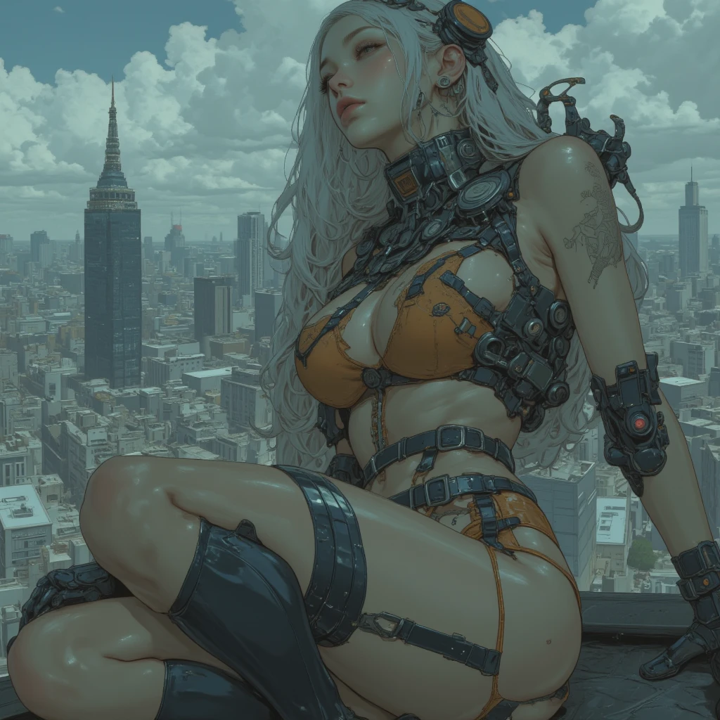 (SFW), Oppai-Loli、((wide-angle, Flying Magic、Floating hair、Floating in the air, Curved horizon, Overlooking a city eroded by the jungle,Above the city)), { (Mystic sight)| best quality | 8k | clear |focused } (Masterpiece:1.2, photo-realistic:1.37)、{ Soft Lighting with many Follow lights | smooth shading }、(Detailed KAWAII Face)、{(Childish)|(Gigantic Cleavage)}、{ ((facing back))| ((Full Body:1.2)) | ((Ass focus)) }、Detailed open crotch、(Detailed glistening ivory skin)、extremely detailed, { Naked bandage | Transparent Veil | Red Leather High Collar | Red Long Boots | rubber sole | Random hair color },