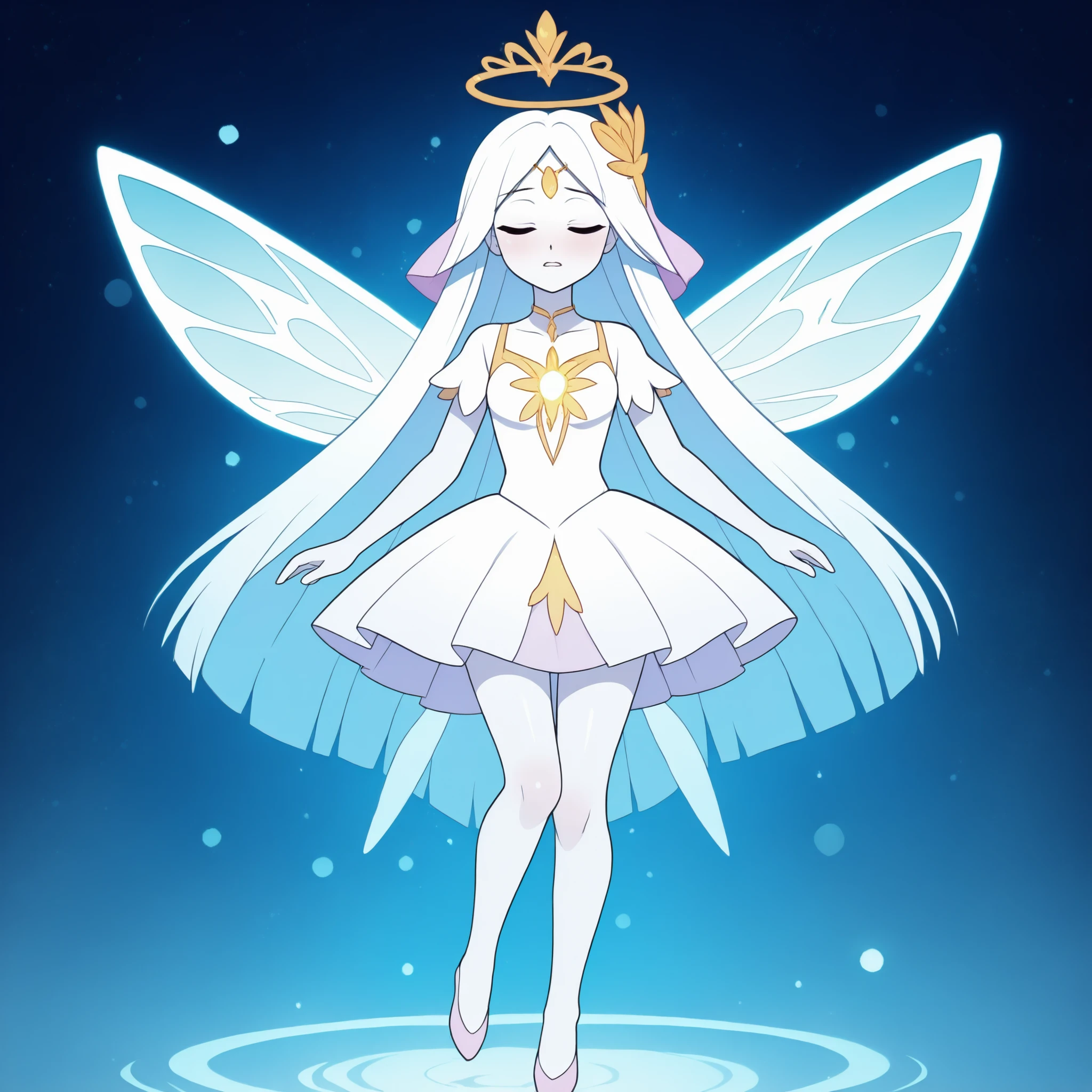 Anime-style illustration of an elegant fairy dancing like a ballerina. She has long, snow-white hair, smooth and glowing skin, and wears a short dress, translucent and shimmering . His wings are large, delicate and translucent, with golden and rainbow tones that reflect light like crystal. The fairy is in a graceful ballet pose, Eyes closed, with a serene and enchanting expression. The atmosphere is ethereal, illuminated by soft beams of light and shiny particles floating in the air. minimalist background in light tones, conveying a magical and dreamy feeling.