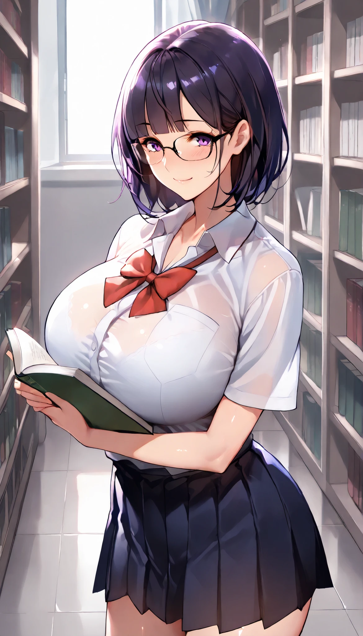 Modern Backgrounds,A female with slim body(older girl),Purple eyes,Wearing Glasses,huge oppai,shiny skin,(Wearing A loose JK skirt),(Loose school uniform)(See-through),In The School Library,(Black short hair, blunt bangs),Holding a book,light smile,slightly tilted forward,UHD, SOLO, anatomically correct, masterpiece, textured skin, high details, highres, 1080P, 16k, accurate, Beautiful face, Beautiful Nose, Perfect face, Highly detailed beautiful face and eyes, Attractive face, Detailed face, Delicate facial features, Detailed skin,Cowboy shot