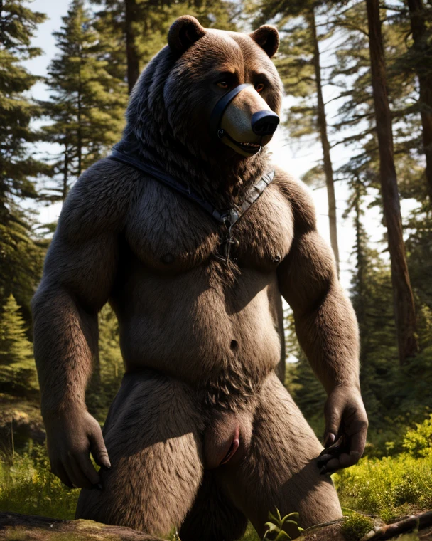 There is one adult character on this picture. The character is an athletic male grey wolf, grey fur, athletic character, athletic, yellow eyes, barefoot, digitigrade, paws, black pawpads, wolf hands, black claws, wolf tail, topless, male bare chested, bare chest male, black nipples, black areolas, the character is wearing only a loincloth with a few tribal jewels, loincloth, visible sheath behind the loincloth, sheath, fully sheathed, visible balls behind the loincloth, balls, visible testicles behind the loincloth, testicles, nsfw. The scene takes place on a pine trees forest. Pine trees forest on the background. Cloudy sky. fog. Fullbody. Full body. Camera low-angle. Camera low angle. Low-angle. Low angle.
