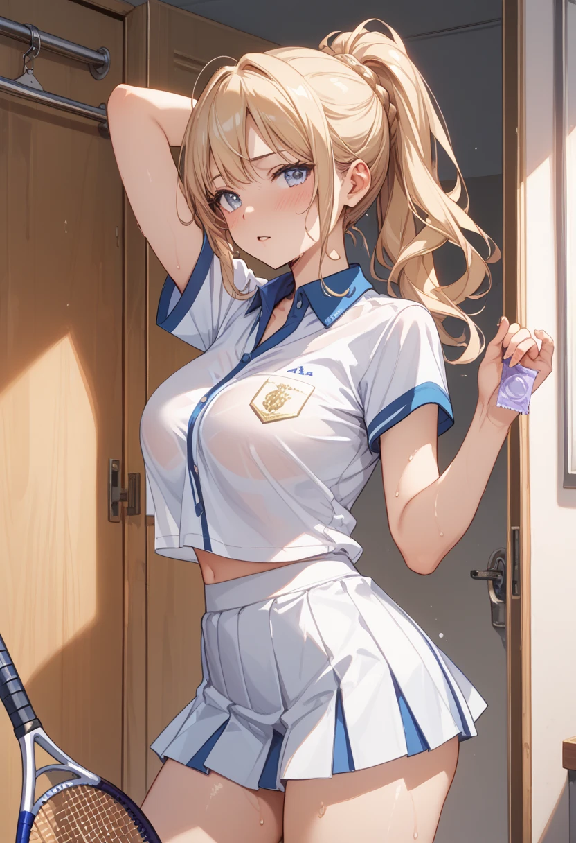 absurd, masterpiece, best quality, realistic, hyper-detailed, (shiny skin, sweaty:1.4), looking at viewer, 1girl, solo, tennis wear, white polo shirt, white sneakers, white miniskirt, ponytail, blonde hair, black eyes, slender, (thick thighs:0.6), dynamic lighting, high resolution, sharp focus, depth of field, detailed eyes, sharp pupils, realistic pupils, (small breasts:0.8)