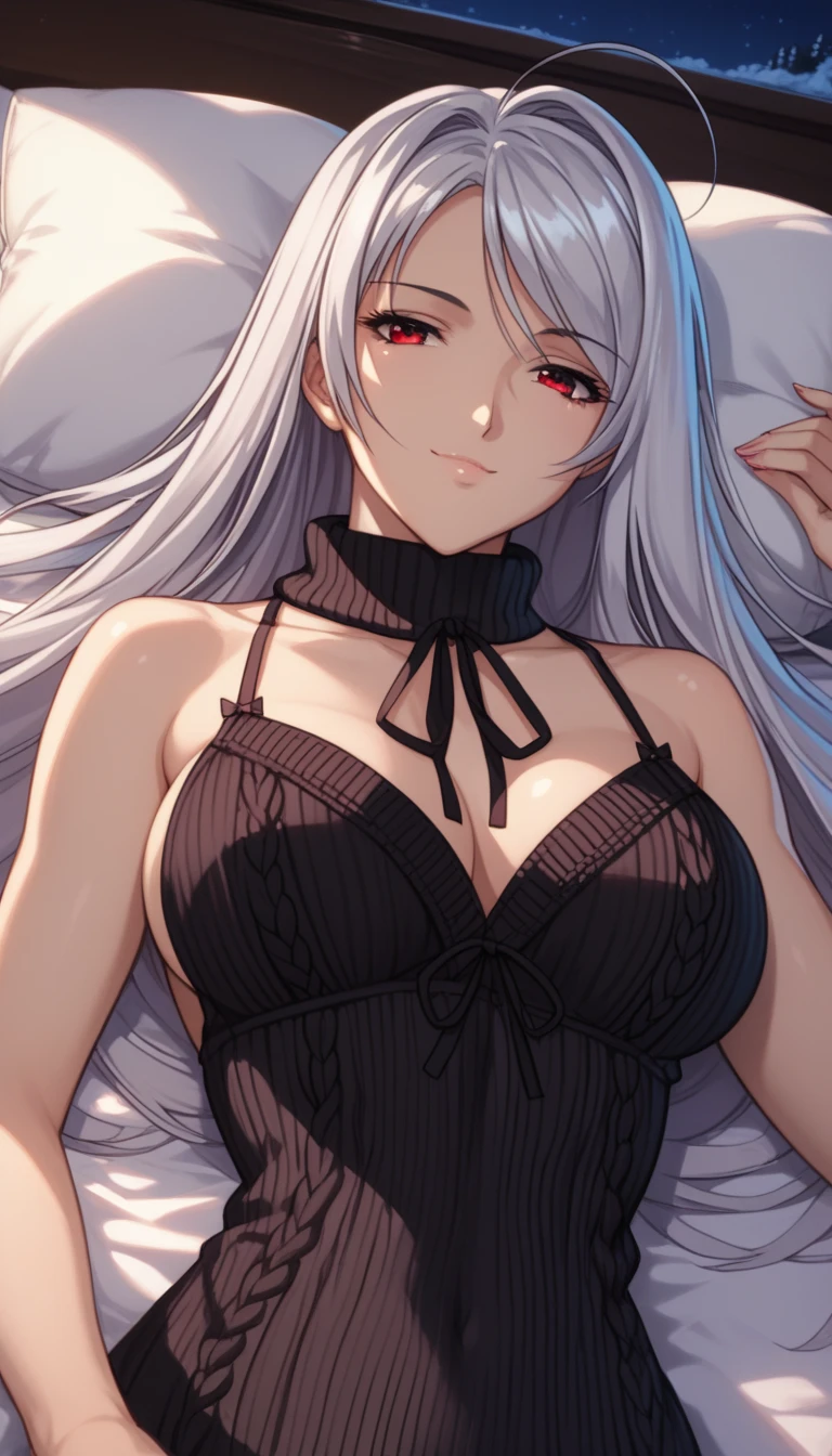 1girl, solo, breasts, nun, large breasts, thighhighs, dark-skinned female, underwear, blue eyes, panties, dark skin, navel, white bra, white thighhighs, sitting, white hair, bra, looking at viewer, bangs, cleavage, blush, white panties, spread legs, parted lips, indoors, lingerie, long sleeves, dress, habit, detached collar, garter straps, hair between eyes, bare shoulders, thighs, black dress, long hair, skindentation, garter belt