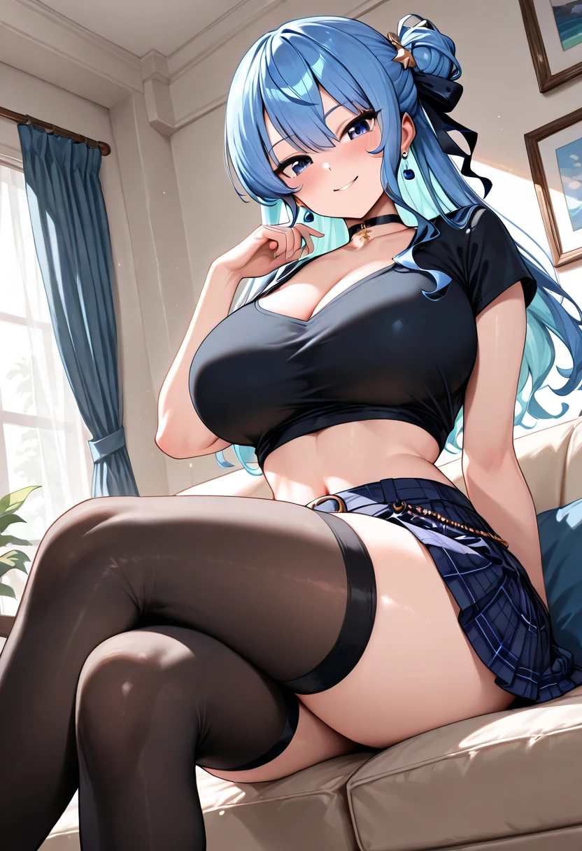 巨作, highly best quality, High_resolution, Fine details, an extremely detailed and beautiful, Distinct_image, 1 girl, , Blue-haired,red-eyed, (gigant breasts), (titts),Curve,Full body,a blond、Pink eyes、Student uniforms、Thigh Socks、pink Bras