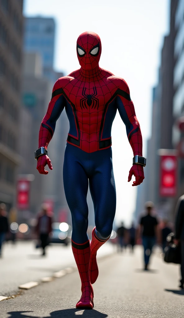 Spider man avec une tenue blanche et les jambes en bleu et le logo d’araignée en rouge et les yeux blanc avec une lumière bleue claire 
Dans la ville de Londres