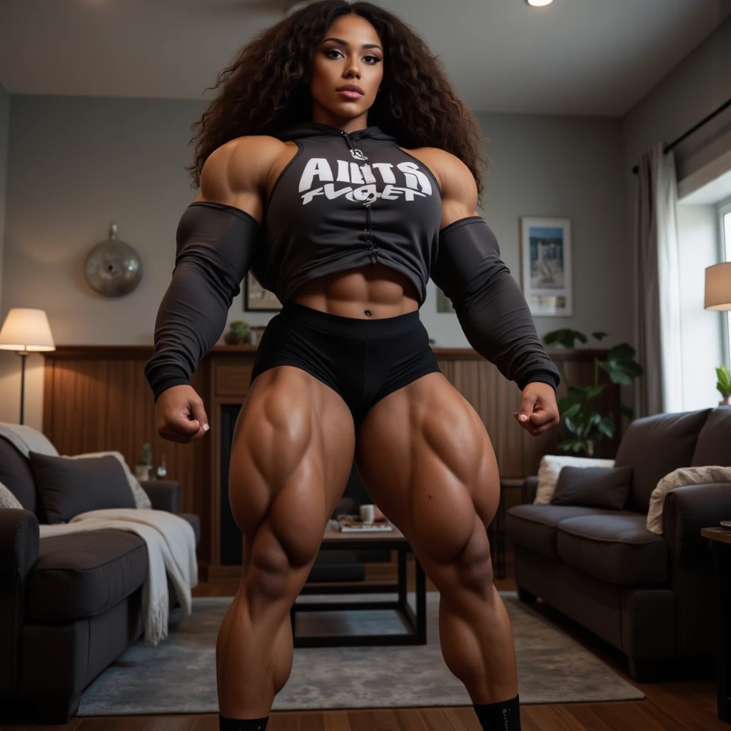 (Muscular:2.2), (thick thighs:2.2), 
(african-american female, ebony.plus),
(glasses), earrings, eyeshadow, lipstick,
detailed eyes, (big smile:1.5), detailed skin,
(hard protruding nipples:1.2),
(choker, tanktop, midriff, pajama shorts:1.5),
(upper body view, three quarter view), (looking at viewer),
fancy apartment living room, rim lighting, two tone lighting, dimly lit