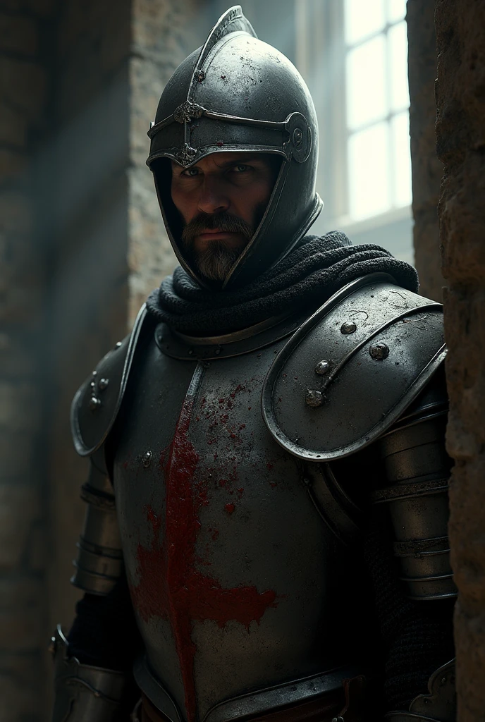 Knight with short black hair and beard Covered in blood and armor damaged