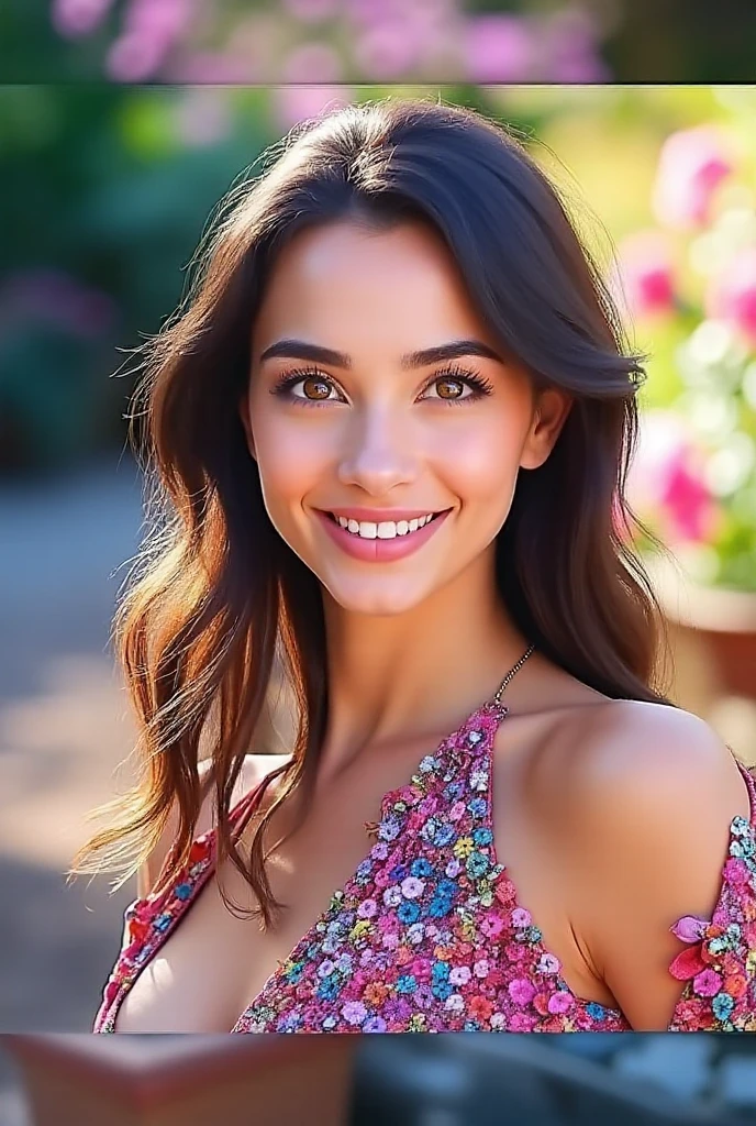 (highest quality,4k,High resolution,masterpiece:1.2),super detailed,(realistic,photorealistic:1.37), 1 beautiful nude Spanish girl, super detailed beautiful eyes, thick eyebrows, luscious lips, flowing brunette hair, (hyper detailed moist skin texture:1.2), (captivating smile:1.5), rich texture, Italy, Tuscany region, rural, soft clean focus, realistic lighting and shading, (an extremely delicate and beautiful art), (artistic nude portrait:1.4), soft and natural lighting, (NSFW:1.4), (dancing happily:1.4), toned body and abs, beautiful nipples, Under the beautiful sunlight filtering through the foliage, (seductive smile:1.5), (no makeup:1.2)