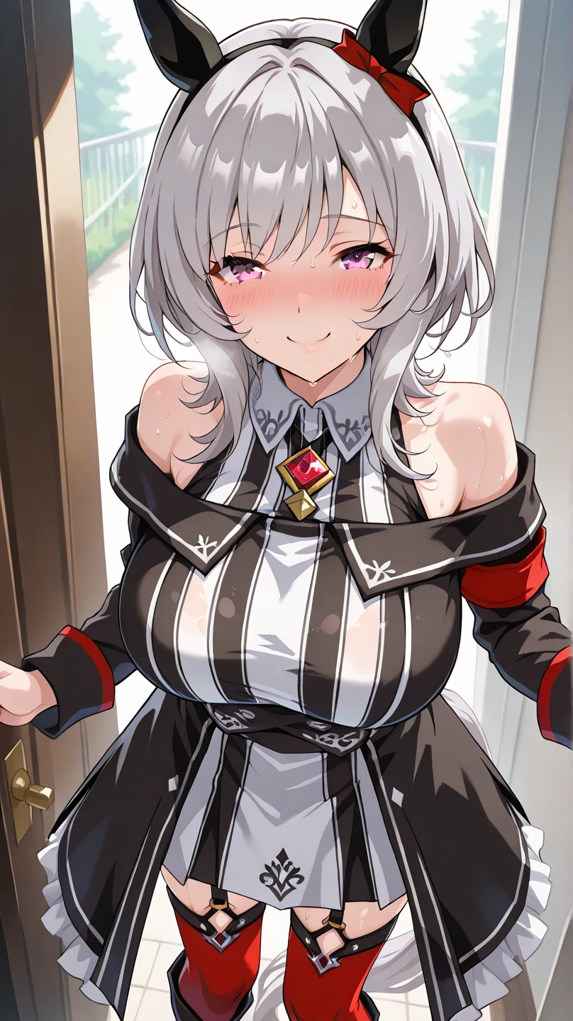 1 Female,High definition,high resolution,Ultra-realistic,8K, 1girl, roze, red eyes, grey hair, , low twintails, long hair, black military uniform, peaked cap, cute, smile,
indoors, military base,European,sexy,Upper body close-up,Photographed from the front,Dynamic Angles,private teacher,blush, huge tits , nipples ,(show tits)